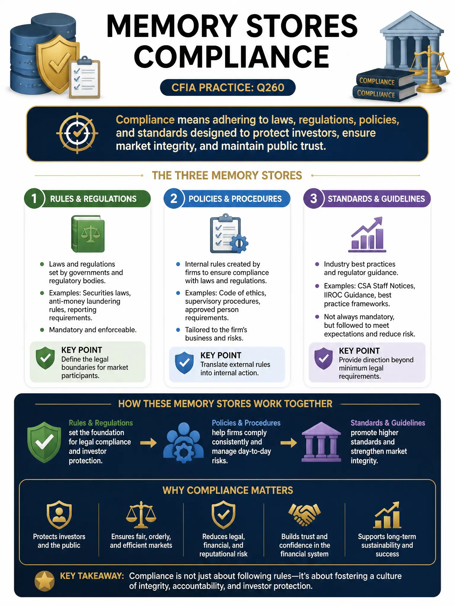 Professional financial technology infographic 2048x1536, dark navy background with gold accents, topic: memory stores compliance. Clean sans-serif, CFIA practice q260.
