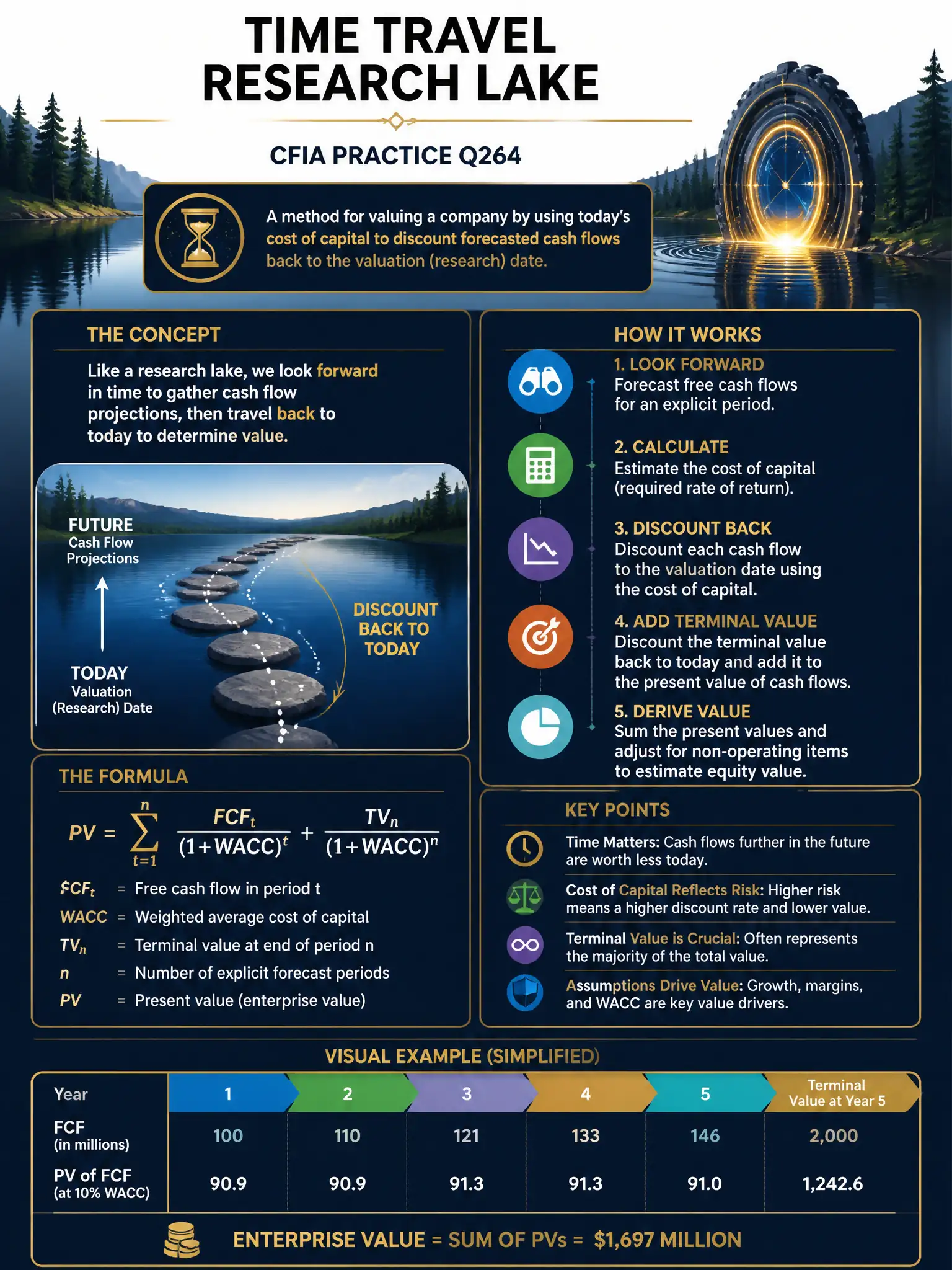 Professional financial technology infographic 2048x1536, dark navy background with gold accents, topic: time travel research lake. Clean sans-serif, CFIA practice q264.