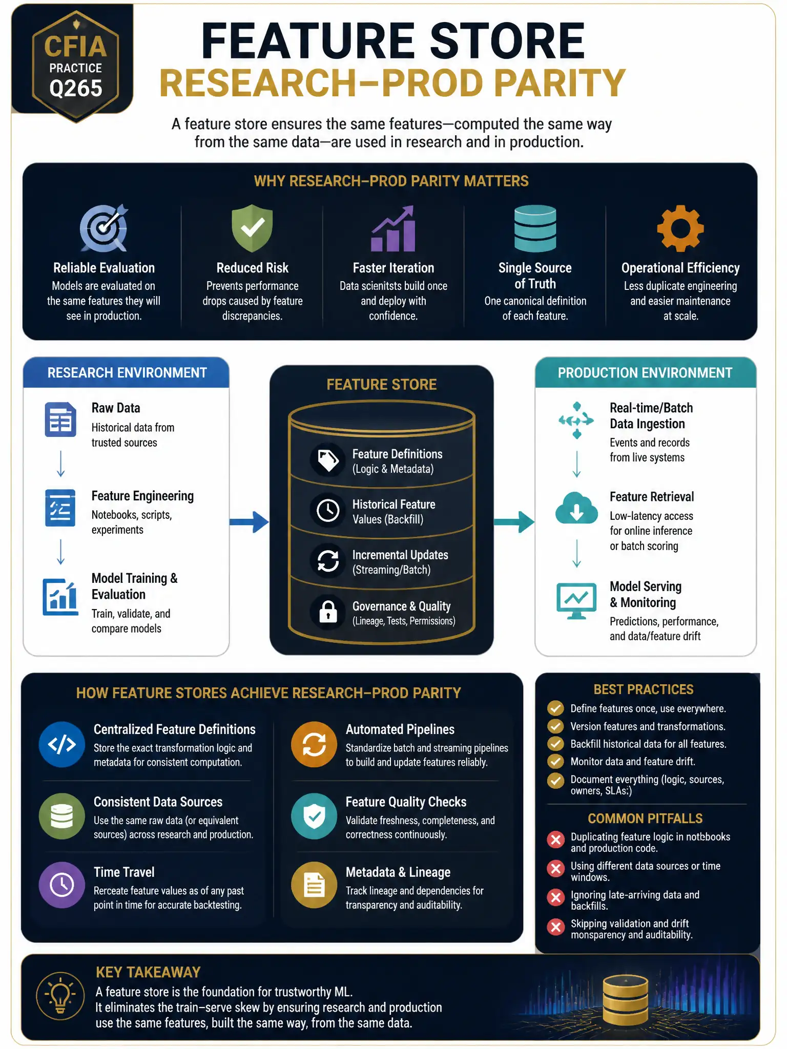 Professional financial technology infographic 2048x1536, dark navy background with gold accents, topic: feature store research prod parity. Clean sans-serif, CFIA practice q265.