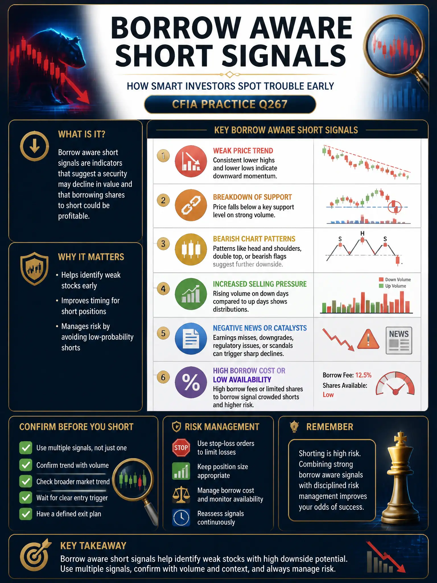 Professional financial technology infographic 2048x1536, dark navy background with gold accents, topic: borrow aware short signals. Clean sans-serif, CFIA practice q267.