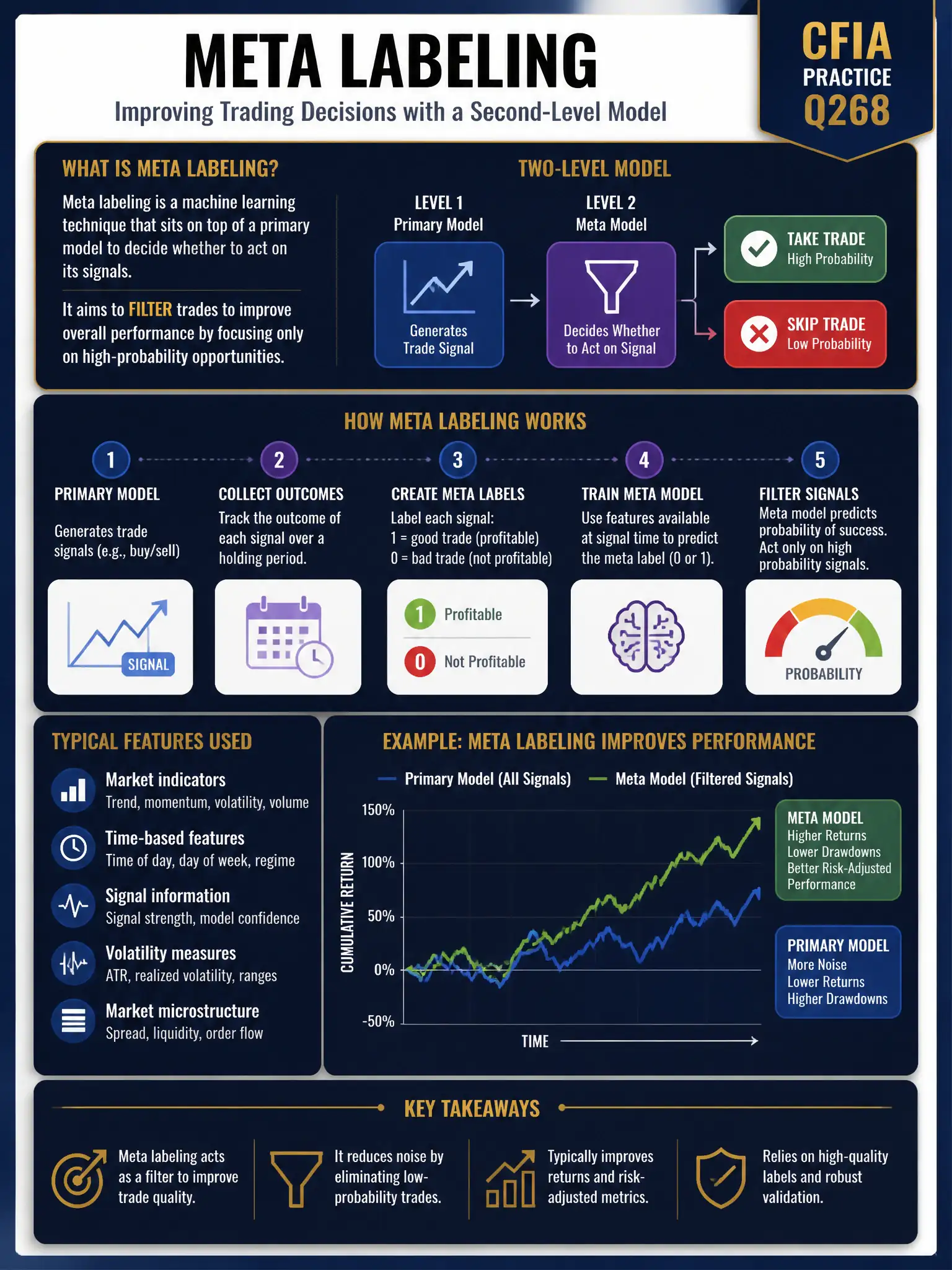 Professional financial technology infographic 2048x1536, dark navy background with gold accents, topic: meta labeling. Clean sans-serif, CFIA practice q268.