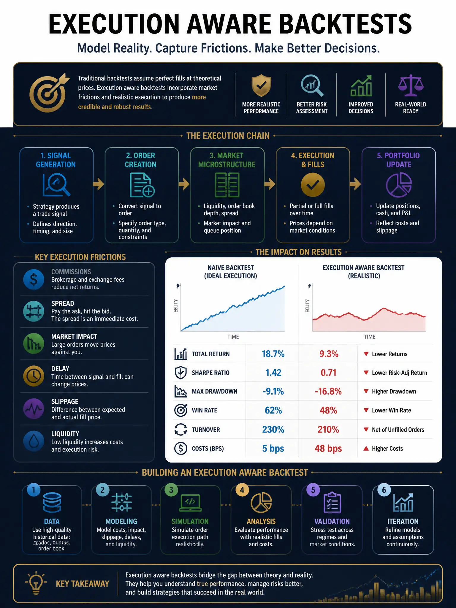 Professional financial technology infographic 2048x1536, dark navy background with gold accents, topic: execution aware backtests. Clean sans-serif, CFIA practice q269.