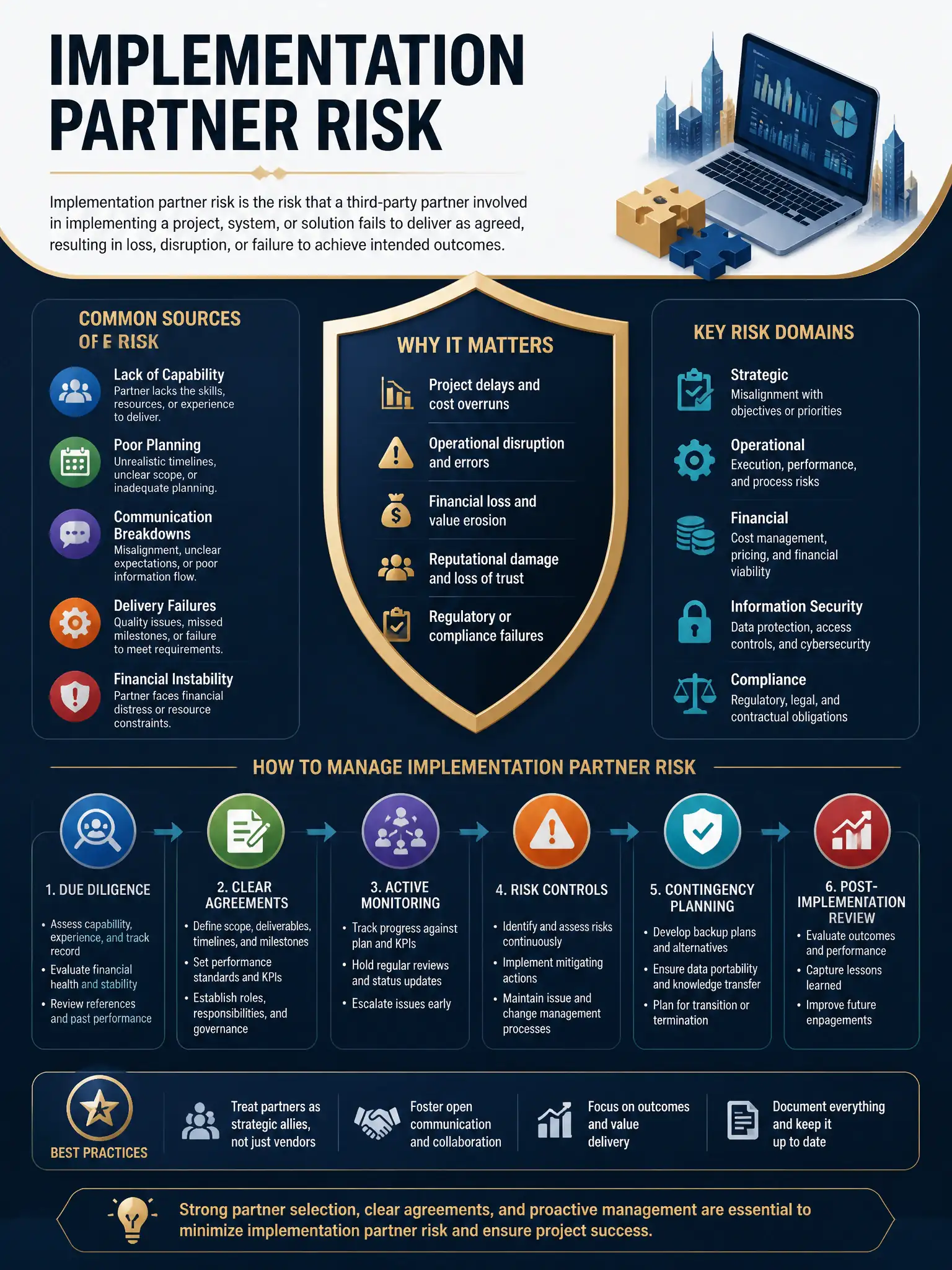 Professional financial technology infographic 2048x1536, dark navy background with gold accents, topic: implementation partner risk. Clean sans-serif, CFIA practice q280.