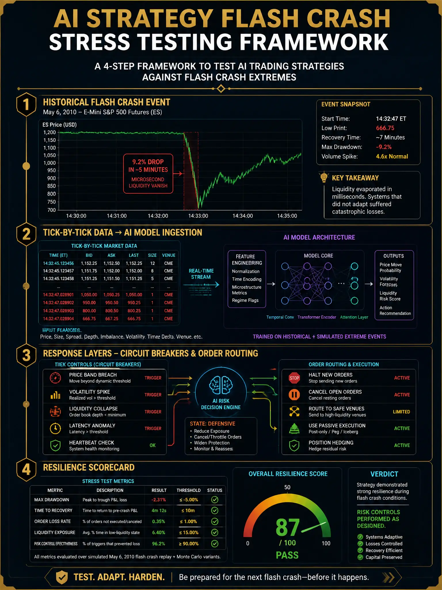 2048x1536 professional infographic, dark navy background with gold accents, titled 'AI Strategy Flash Crash Stress Testing Framework', showing a four-panel timeline: panel 1 depicts a historical flash crash price chart (May 2010 style) with red microsecond drop, panel 2 shows tick-by-tick data feeding into an AI model architecture diagram, panel 3 illustrates circuit breaker and order routing response layers, panel 4 shows a resilience scorecard with pass/fail indicators. Clean sans-serif typography, gold dividers, subtle grid lines, no clipart.