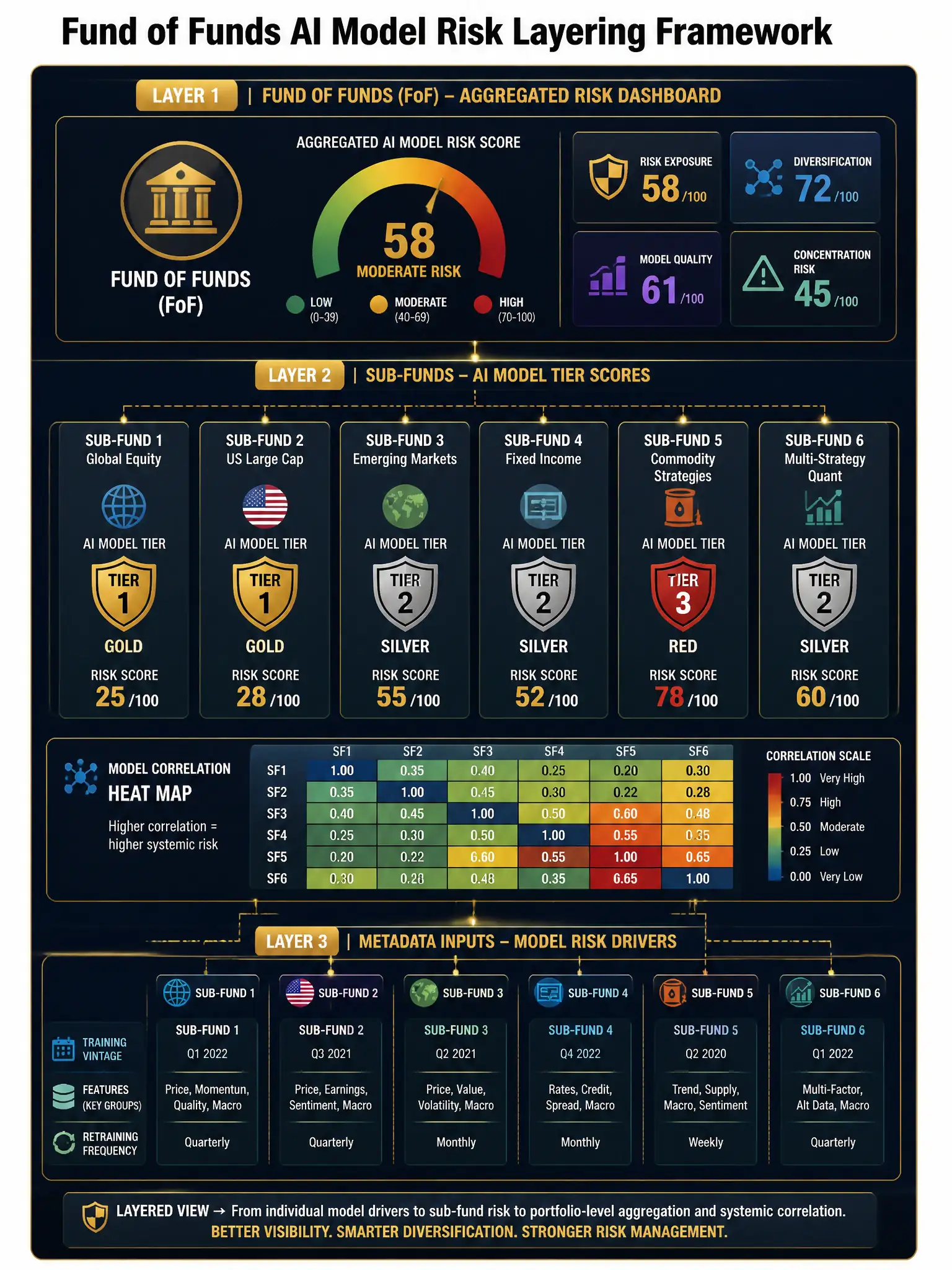 2048x1536 professional infographic, dark navy background with gold accents, titled 'Fund of Funds AI Model Risk Layering Framework', showing a hierarchical diagram: top layer is FoF with aggregated risk dashboard, middle layer shows 6 sub-fund boxes each with AI model tier score badges (Tier 1 gold, Tier 2 silver, Tier 3 red), bottom layer shows metadata inputs (training vintage, features, retraining frequency), with correlation heat map overlay connecting sub-funds. Clean sans-serif typography, gold dividers.