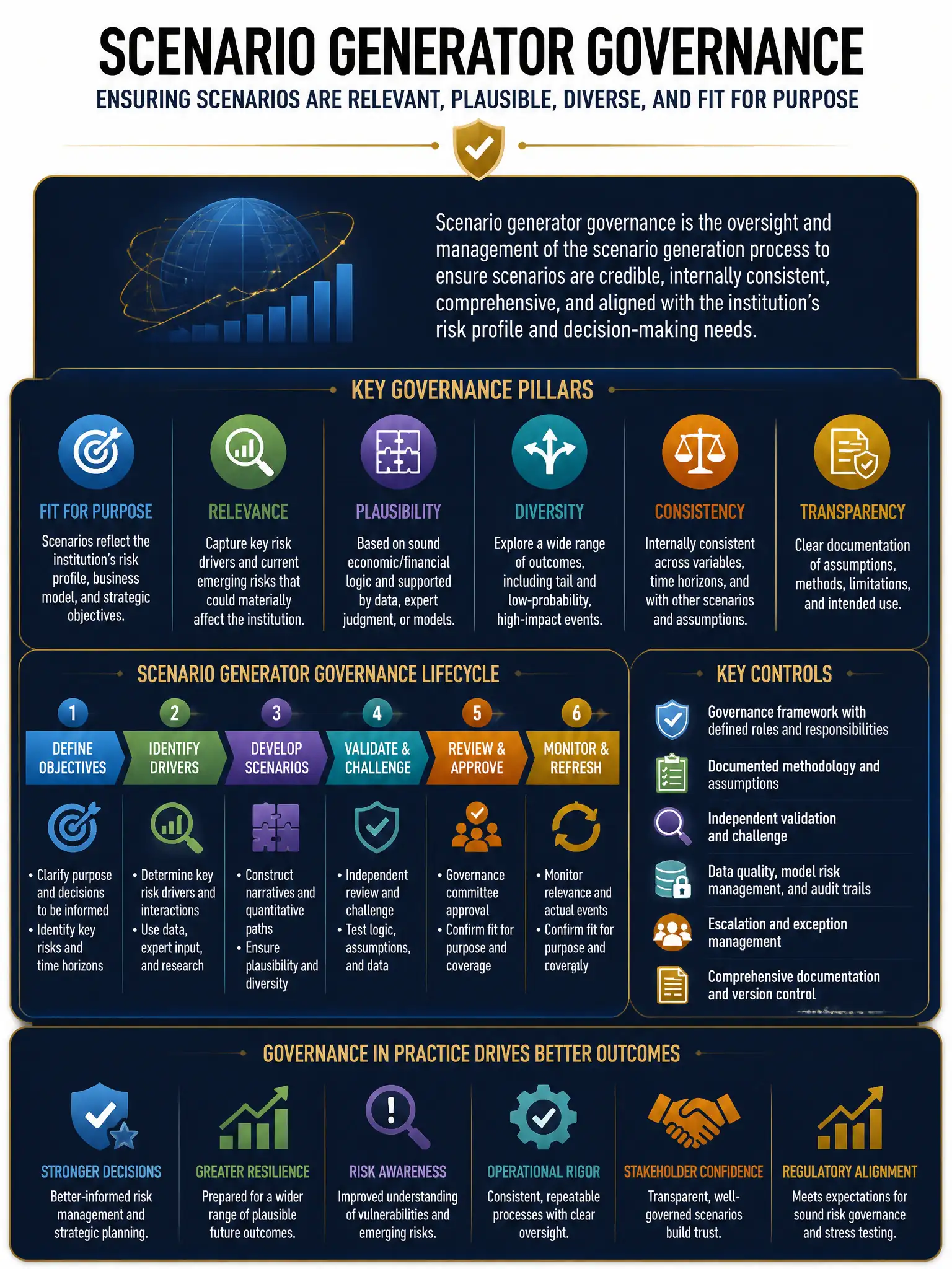 Professional financial technology infographic 2048x1536, dark navy background with gold accents, topic: scenario generator governance. Clean sans-serif, CFIA practice q289.