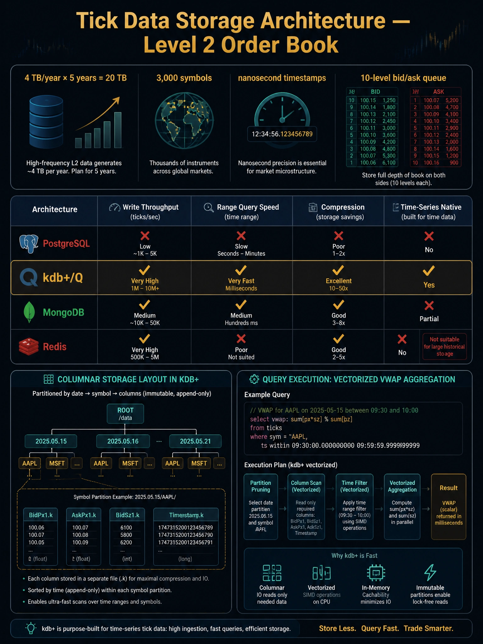 A 2048x1536 infographic on deep navy with gold and teal accents. Title: 'Tick Data Storage Architecture — Level 2 Order Book' in bold gold. Top panel: a data volume diagram showing '4 TB/year × 5 years = 20 TB', '3,000 symbols', 'nanosecond timestamps', '10-level bid/ask queue'. Center: a 4-column comparison table with headers 'Architecture', 'Write Throughput', 'Range Query Speed', 'Compression', 'Time-Series Native'. Rows: PostgreSQL (red X marks), kdb+/Q (gold checkmarks all), MongoDB (mixed), Redis (red X for storage capacity). Below table: diagram of columnar storage layout showing a kdb+ partition tree: root → date partition → symbol partition → column files (BidPx1, AskPx1, BidSz1, Timestamp). Right panel: query execution diagram showing vectorized VWAP aggregation. Professional dark quant finance aesthetic, monospace font for code examples.