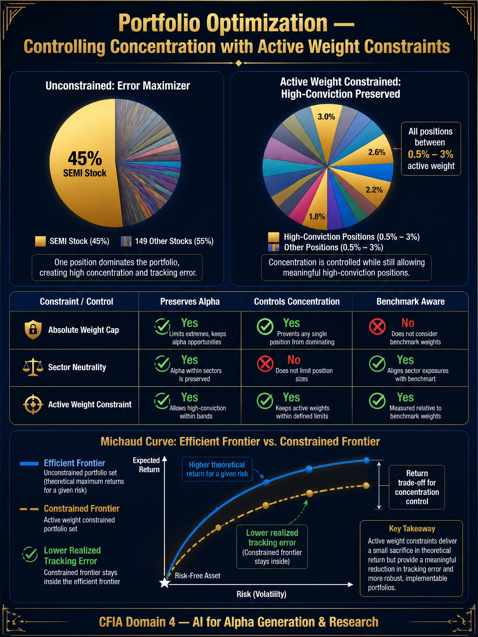 A detailed 2048x1536 infographic with dark navy background and gold accents. Title in gold: 'Portfolio Optimization — Controlling Concentration with Active Weight Constraints'. Top left: a pie chart showing the unconstrained portfolio with one massive 45% gold slice labeled 'SEMI Stock' and small thin slices for the other 149 stocks, labeled 'Unconstrained: Error Maximizer'. Top right: a balanced pie chart with all slices between 0.5%-3% each with a few slightly larger gold slices labeled 'Active Weight Constrained: High-Conviction Preserved'. Center: a comparison table — rows: Absolute Weight Cap, Sector Neutrality, Active Weight Constraint — columns: Preserves Alpha, Controls Concentration, Benchmark Aware — with green/red checkmarks. Bottom panel: a Michaud curve diagram showing Efficient Frontier vs. Constrained Frontier with the constrained version slightly inside the efficient frontier but with lower realized tracking error. Footer: 'CFIA Domain 4 — AI for Alpha Generation & Research'.