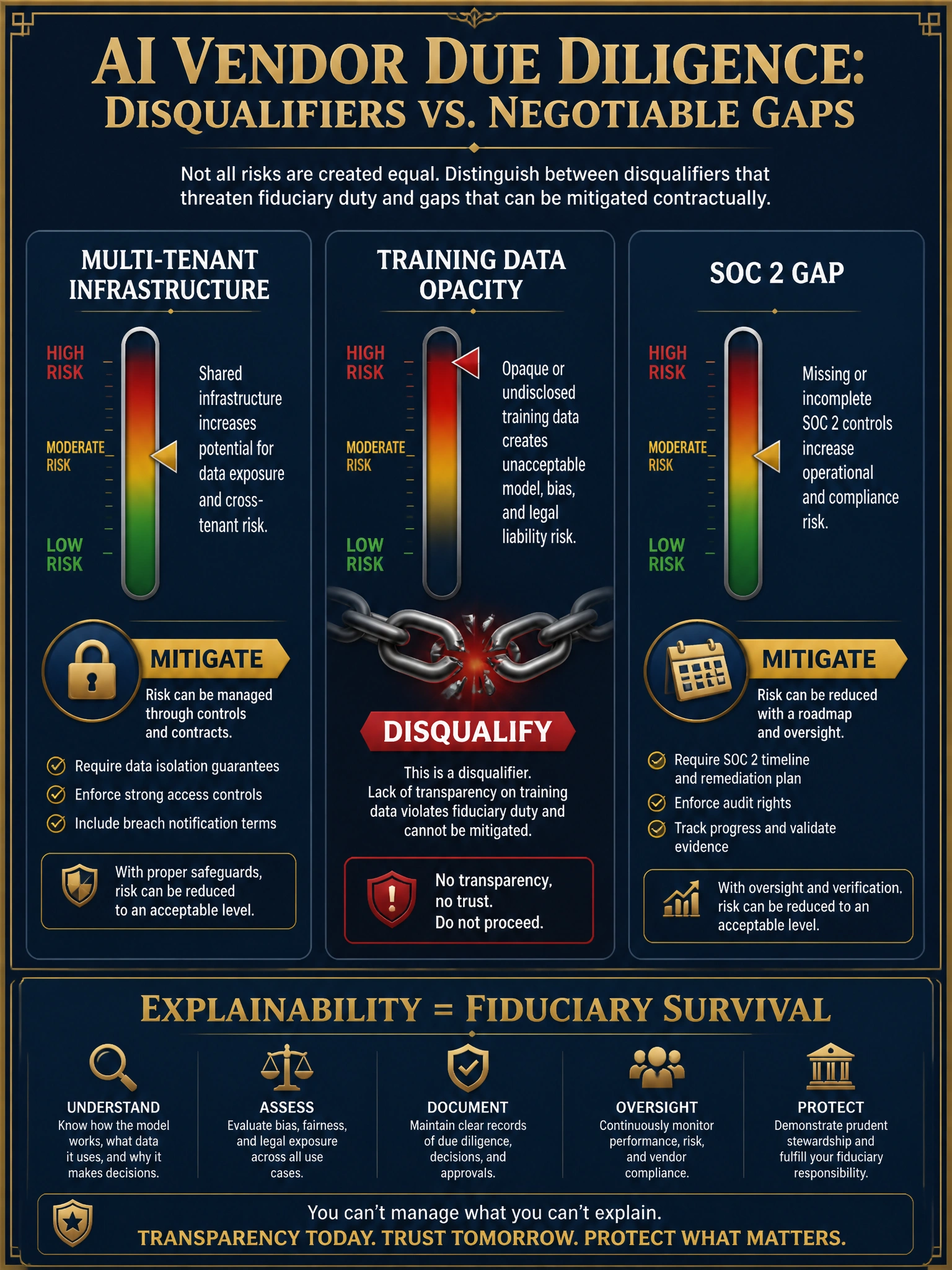 A professional infographic on a deep navy blue background with gold accent lines titled 'AI Vendor Due Diligence: Disqualifiers vs. Negotiable Gaps.' Three columns labeled 'Multi-Tenant Infrastructure,' 'Training Data Opacity,' and 'SOC 2 Gap' each contain a vertical risk thermometer. The center column (Training Data Opacity) shows a red DISQUALIFY badge and a broken chain icon. The other two columns show yellow MITIGATE badges with padlock and calendar icons respectively. A bottom row summarizes: 'Explainability = Fiduciary Survival.' Gold serif typography, dark financial aesthetic, 2048x1536 resolution, ultra-detailed.