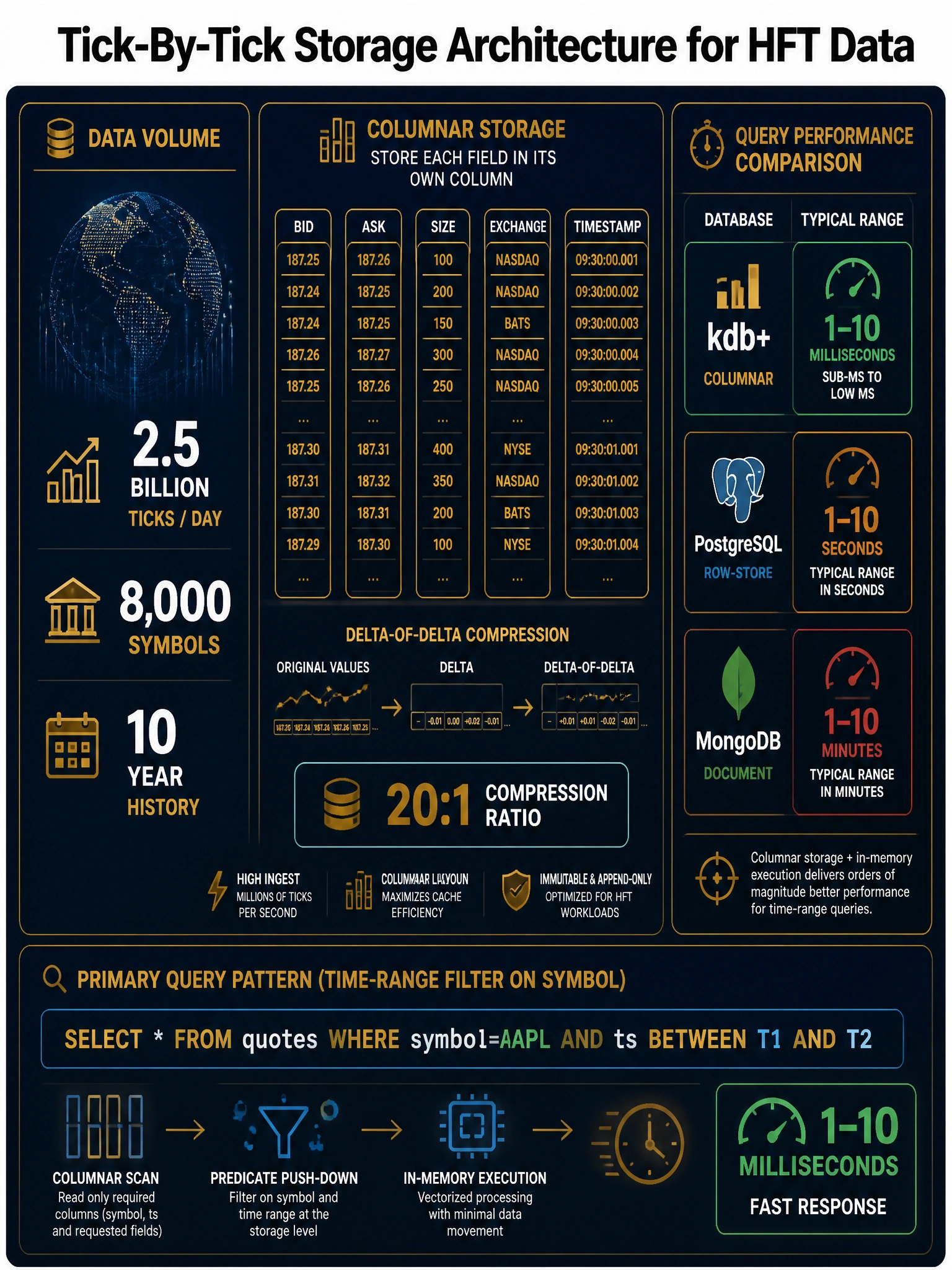 2048x1536 professional dark navy and gold infographic titled 'Tick-By-Tick Storage Architecture for HFT Data'. Left panel shows a data volume stat: '2.5 Billion Ticks/Day | 8,000 Symbols | 10-Year History'. Center panel shows a columnar storage diagram: columns labeled BID, ASK, SIZE, EXCHANGE, TIMESTAMP shown as separate vertical bars (gold outlines), with 'Delta-of-Delta Compression' annotation and a 20:1 compression ratio badge. Right panel shows a query performance comparison table: kdb+ columnar at milliseconds, PostgreSQL row-store at seconds, MongoDB document at minutes. Bottom shows the primary query pattern: 'SELECT FROM quotes WHERE symbol=AAPL AND ts BETWEEN T1 AND T2' with an arrow to a fast-response icon. Color palette: deep navy #0A1628, gold #C9A84C, white text. Style: enterprise technical diagram, no photographs.