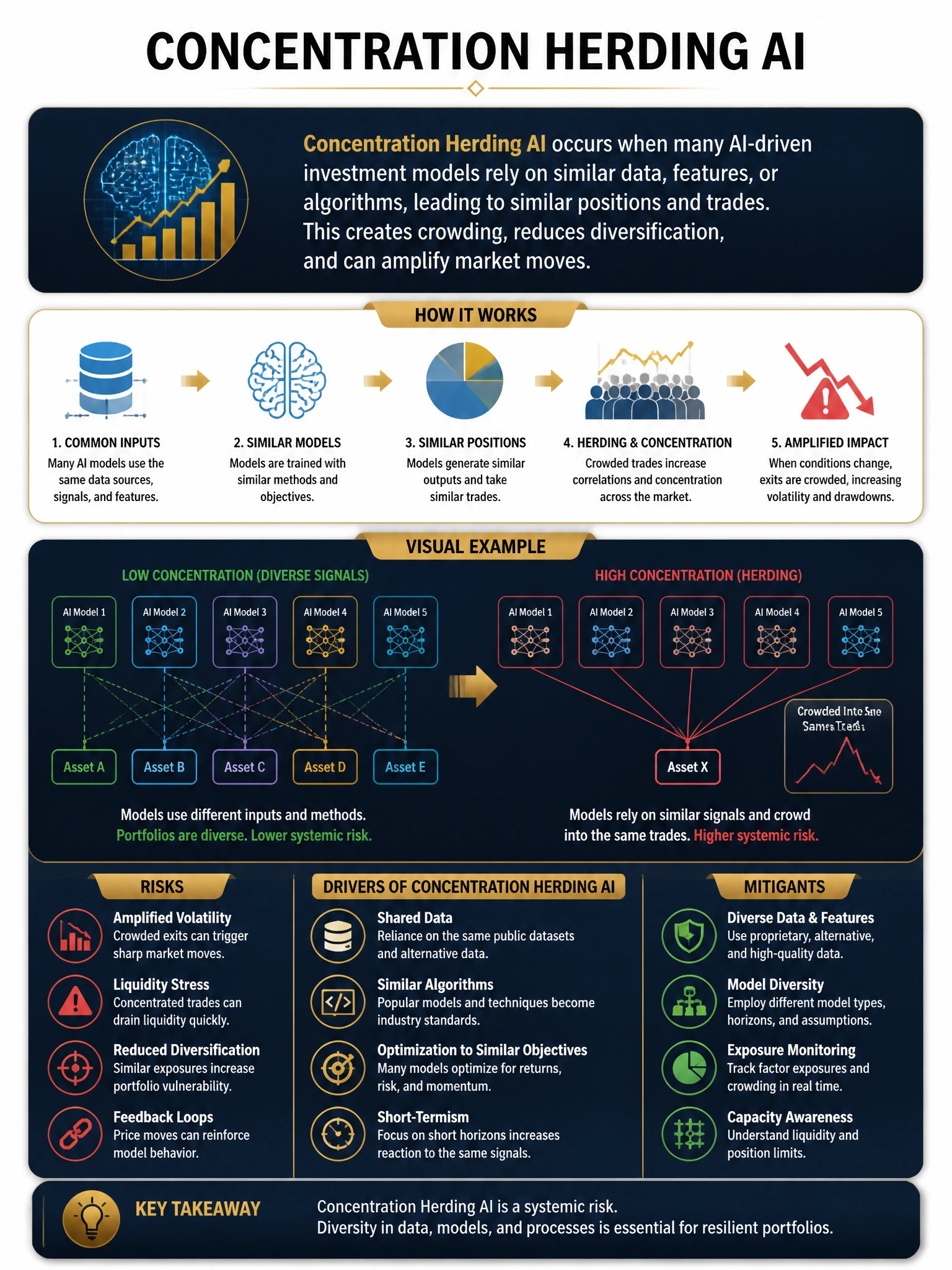 Professional financial technology infographic 2048x1536, dark navy background with gold accents, topic: concentration herding ai. Clean sans-serif, CFIA practice q079.