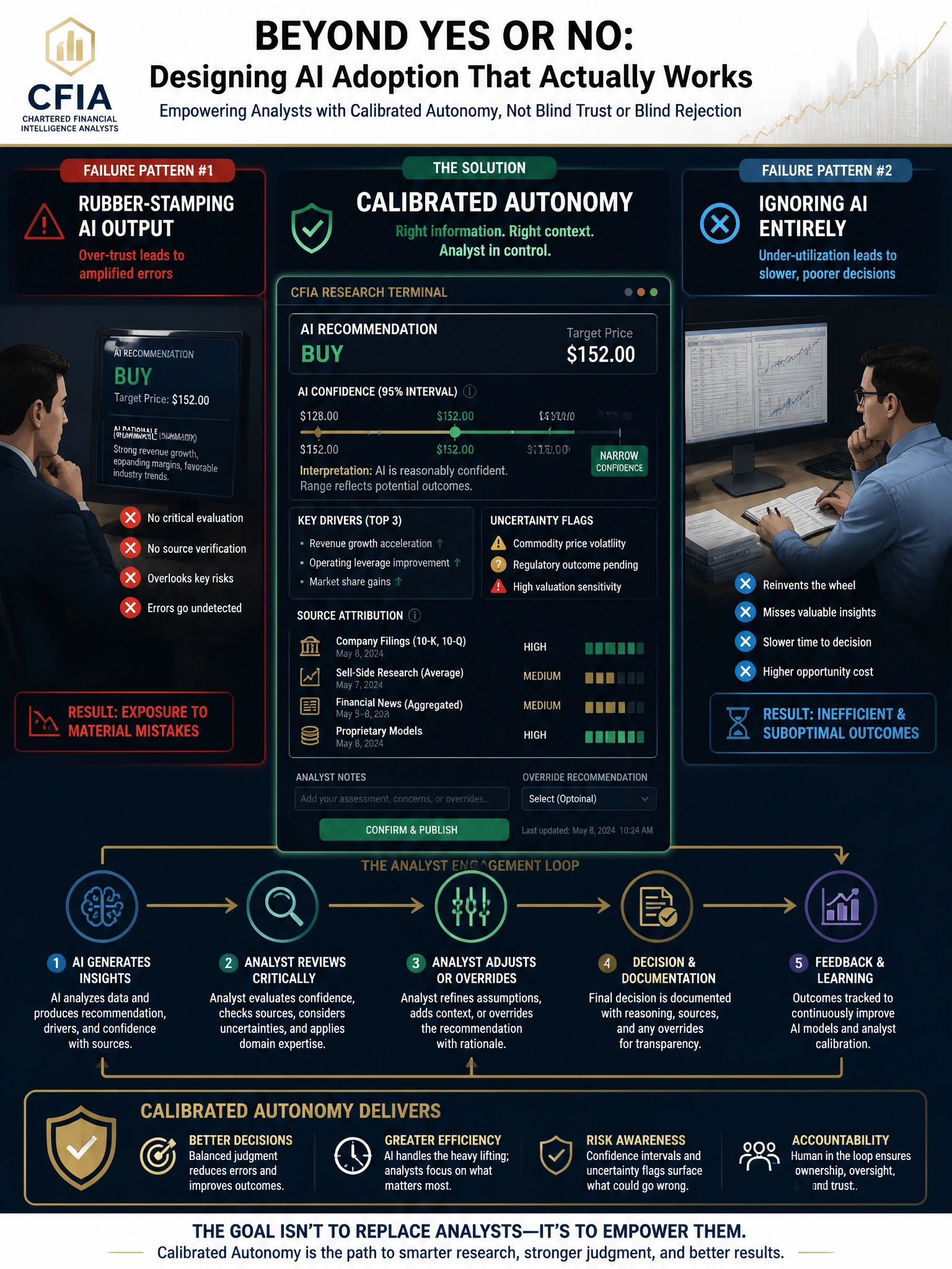 2048x1536 professional infographic on dark navy background with gold accents: split-screen showing failed adoption patterns (left: analyst rubber-stamping AI output; right: analyst ignoring AI entirely) versus center showing Calibrated Autonomy design with confidence interval display, source attribution panel, and uncertainty flag indicators on a research terminal mockup. Arrows showing analyst engagement loop. CFIA branding, financial research aesthetic.