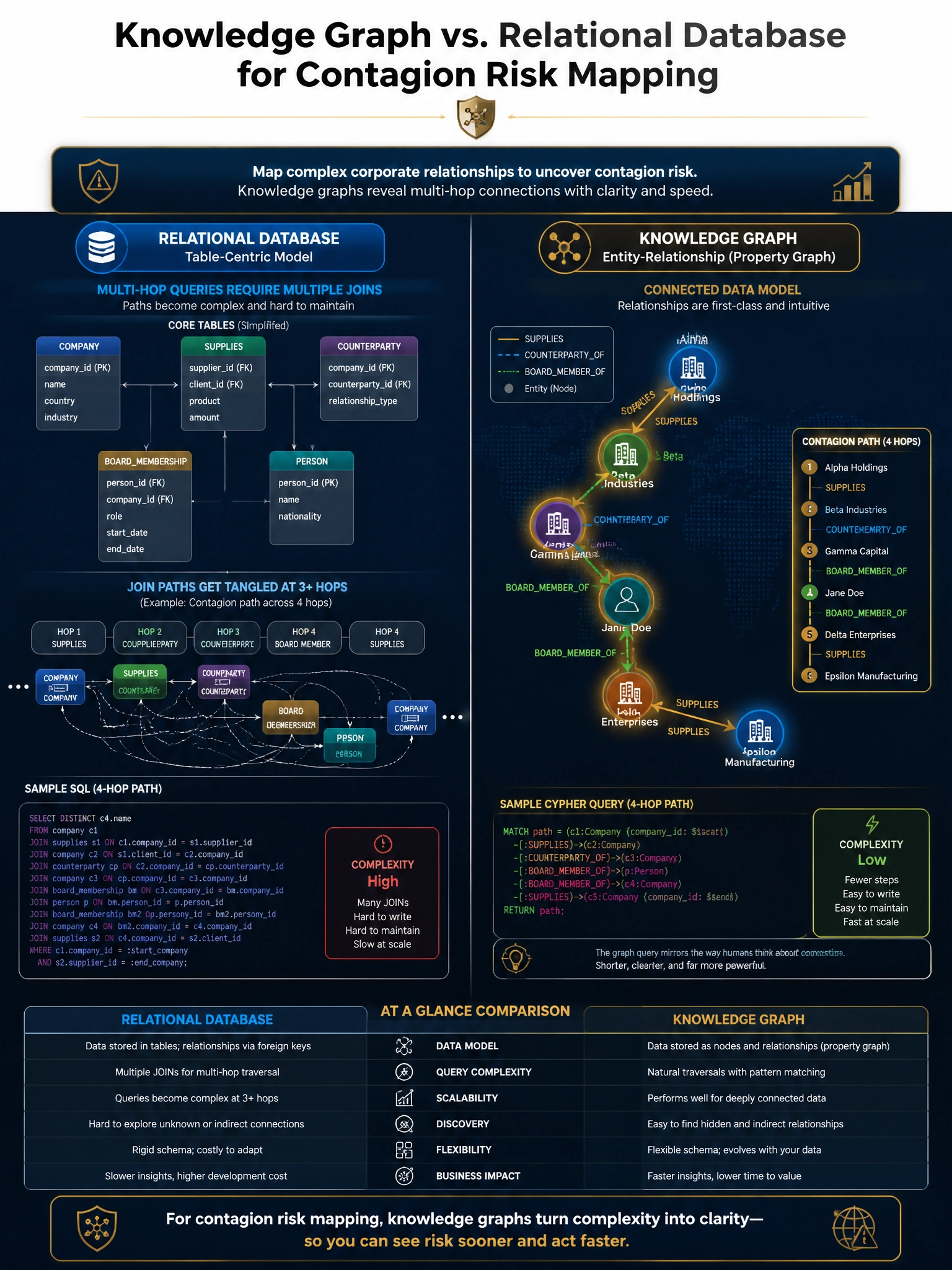 2048x1536 professional infographic on dark navy background with gold accents, titled 'Knowledge Graph vs. Relational Database for Contagion Risk Mapping', showing a split comparison: left side depicts a traditional relational database with multiple JOIN arrows between entity tables becoming increasingly tangled at 3+ hops; right side shows an elegant graph network with corporate entity nodes connected by labeled edges (SUPPLIES, COUNTERPARTYOF, BOARDMEMBEROF) with a highlighted contagion path traced in gold. Include Neo4j/property graph notation and a callout showing query complexity comparison. Professional financial technology aesthetic.