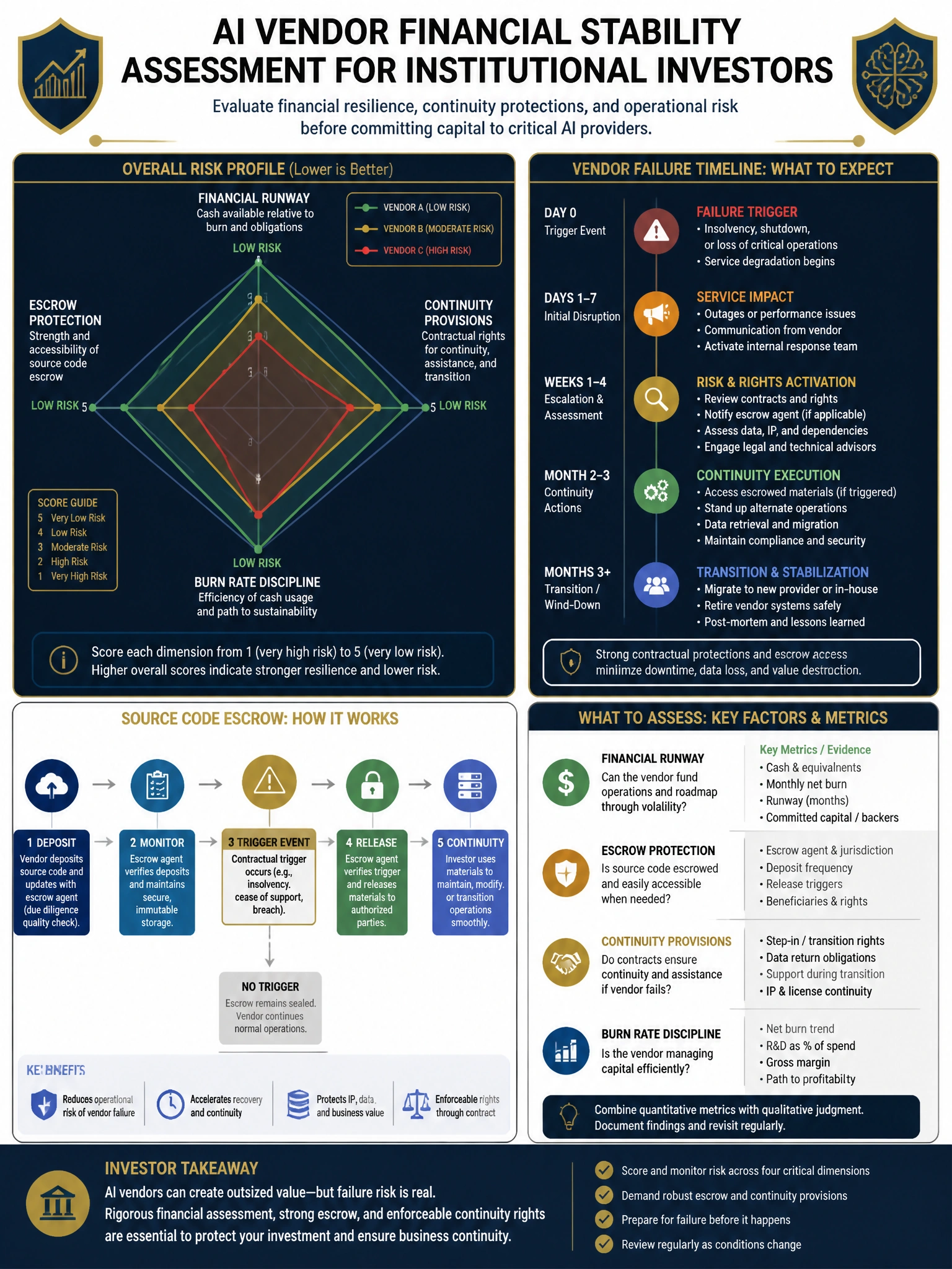 2048x1536 professional dark navy and gold infographic titled 'AI Vendor Financial Stability Assessment for Institutional Investors' showing a risk radar chart with runway, escrow, continuity provisions, and burn rate as axes; source code escrow flow diagram bottom left; vendor failure timeline top right; clean financial typography