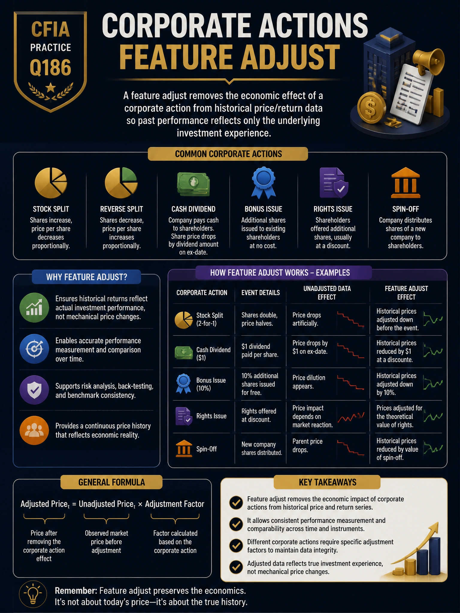 Professional financial technology infographic 2048x1536, dark navy background with gold accents, topic: corporate actions feature adjust. Clean sans-serif, CFIA practice q186.