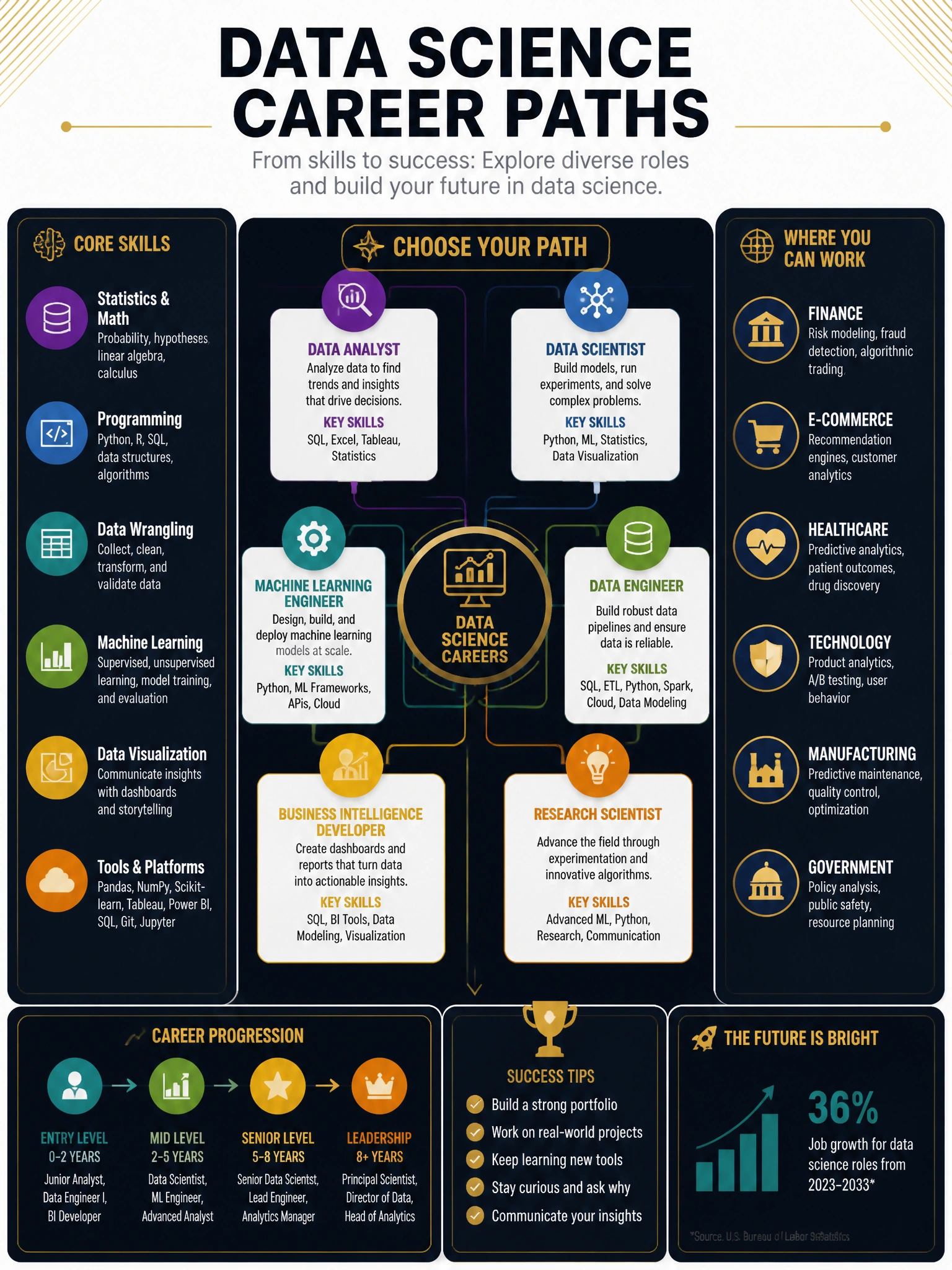Professional financial technology infographic 2048x1536, dark navy background with gold accents, topic: data science career paths. Clean sans-serif, CFIA practice q205.