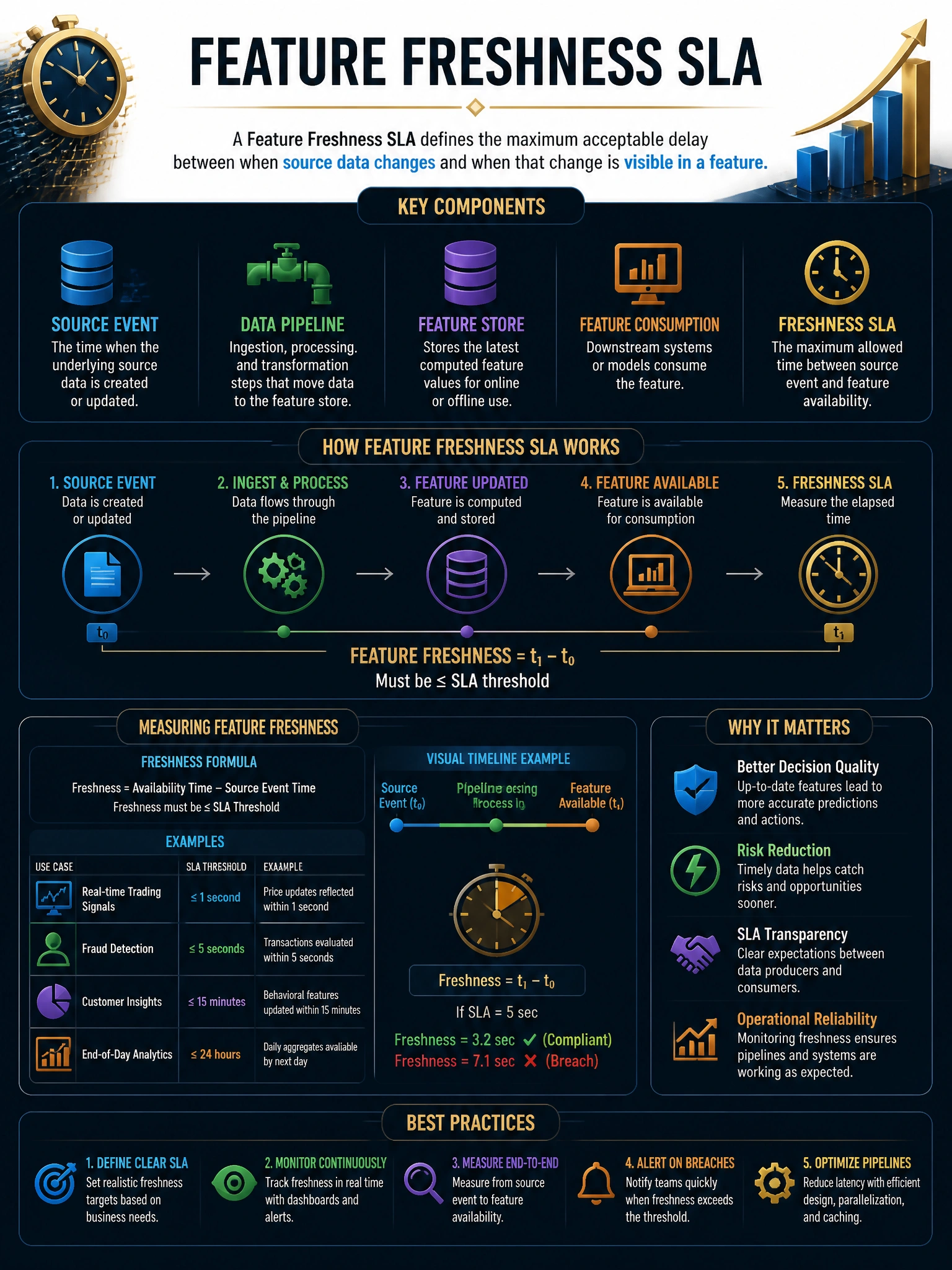 Professional financial technology infographic 2048x1536, dark navy background with gold accents, topic: feature freshness sla. Clean sans-serif, CFIA practice q214.