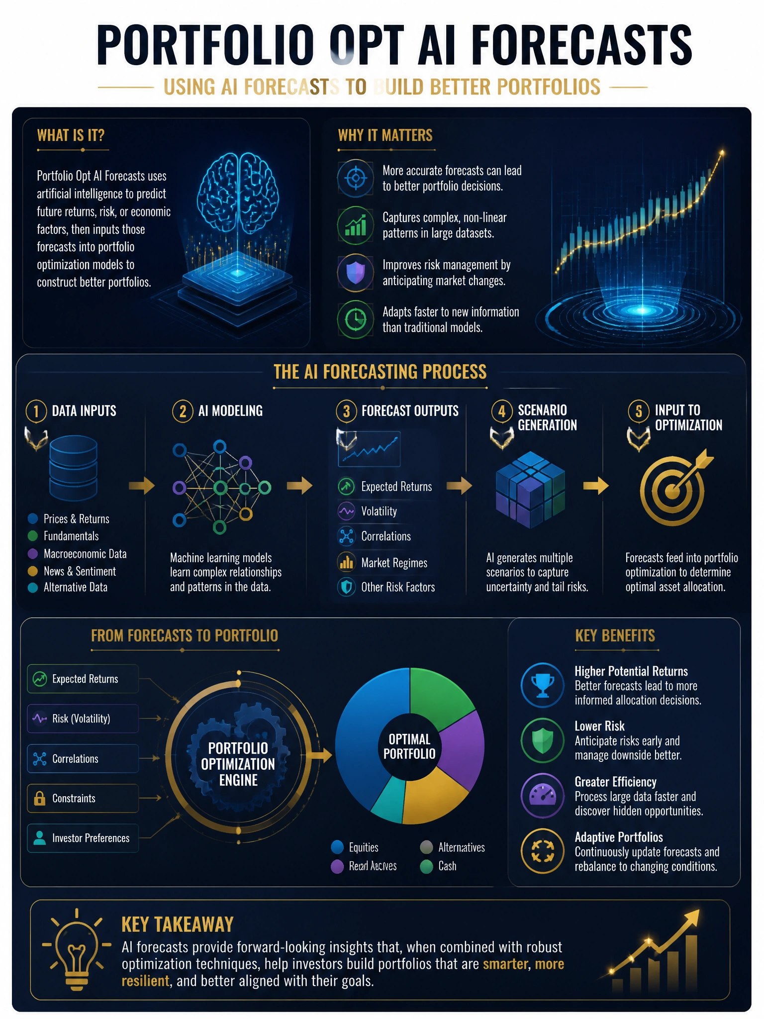 Professional financial technology infographic 2048x1536, dark navy background with gold accents, topic: portfolio opt ai forecasts. Clean sans-serif, CFIA practice q220.