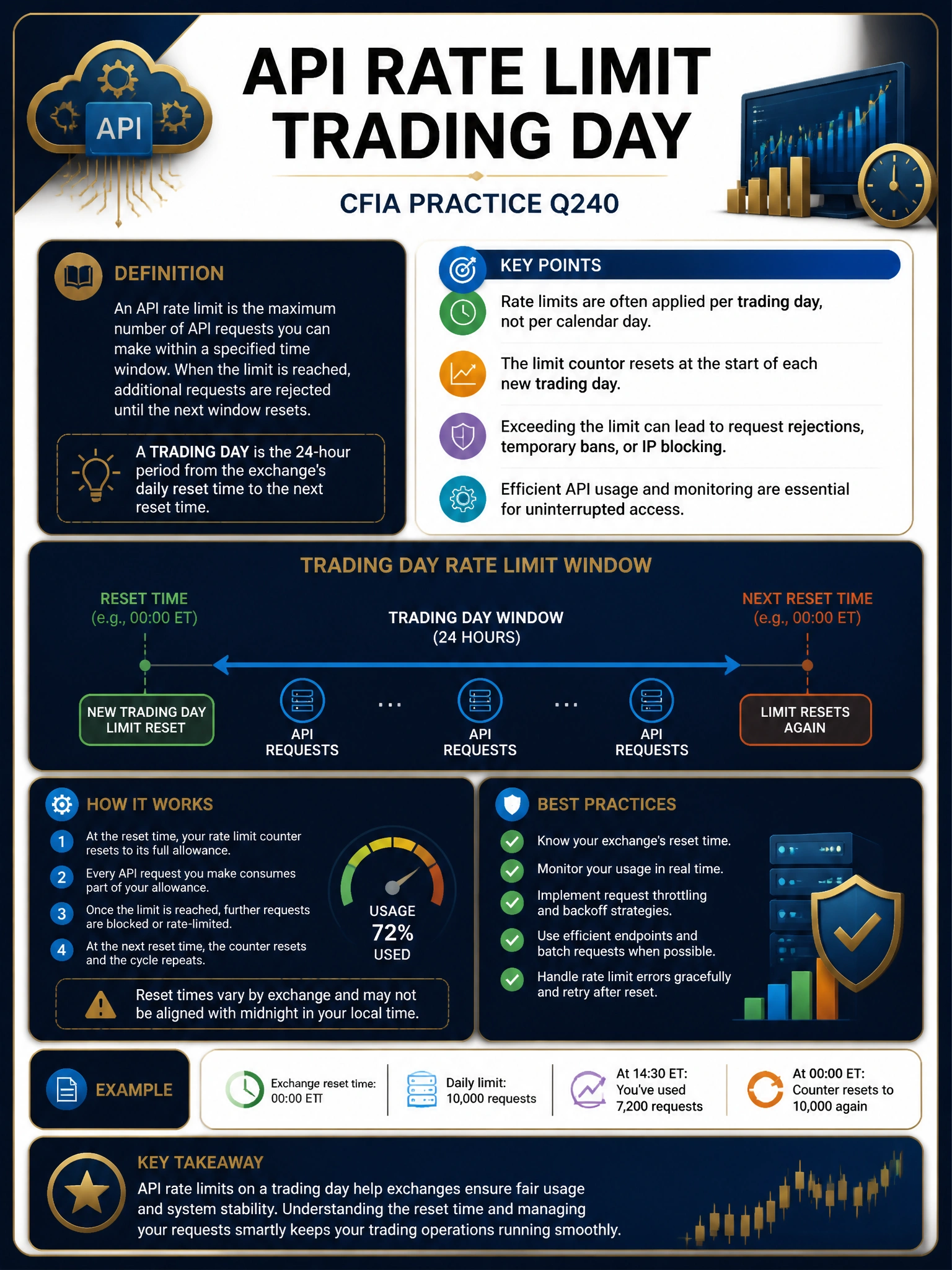Professional financial technology infographic 2048x1536, dark navy background with gold accents, topic: api rate limit trading day. Clean sans-serif, CFIA practice q240.