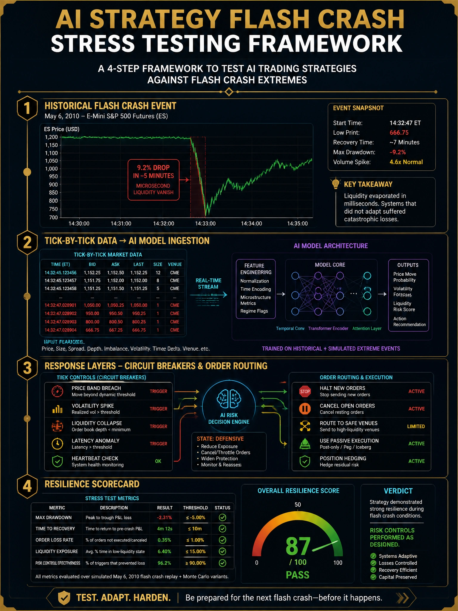 2048x1536 professional infographic, dark navy background with gold accents, titled 'AI Strategy Flash Crash Stress Testing Framework', showing a four-panel timeline: panel 1 depicts a historical flash crash price chart (May 2010 style) with red microsecond drop, panel 2 shows tick-by-tick data feeding into an AI model architecture diagram, panel 3 illustrates circuit breaker and order routing response layers, panel 4 shows a resilience scorecard with pass/fail indicators. Clean sans-serif typography, gold dividers, subtle grid lines, no clipart.