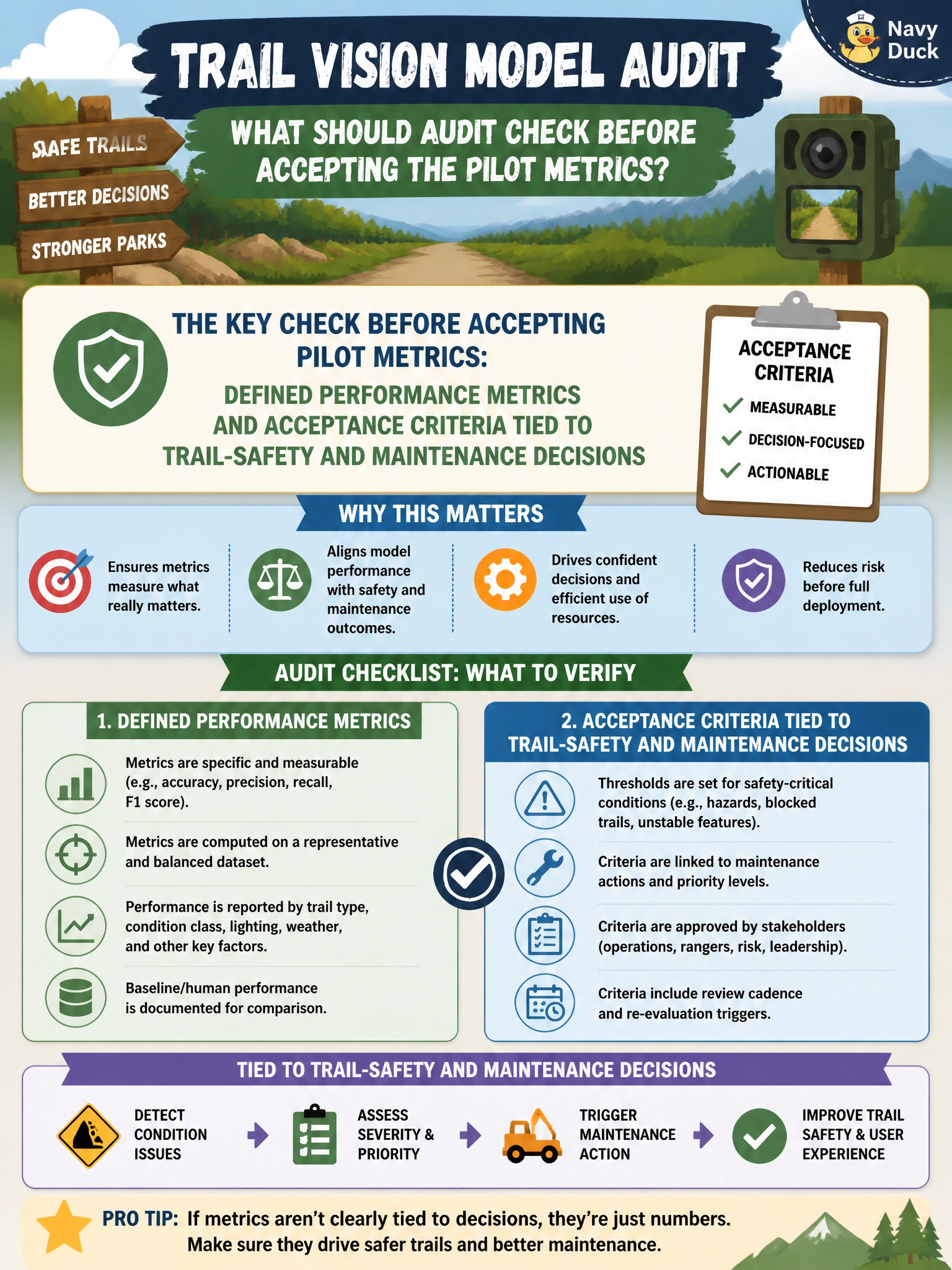 To Create an exciting colorful infographic that explains the concepts in the question: Question: A parks department wants a vision model for trail-condition photos. What should audit check before accepting the pilot metrics? Correct Answer: Defined performance metrics and acceptance criteria tied to trail-safety and maintenance decisions Put EVERY visible label in double quotes. No people. No A/B/C/D letters. In one of the four corners put a little "Navy Duck".