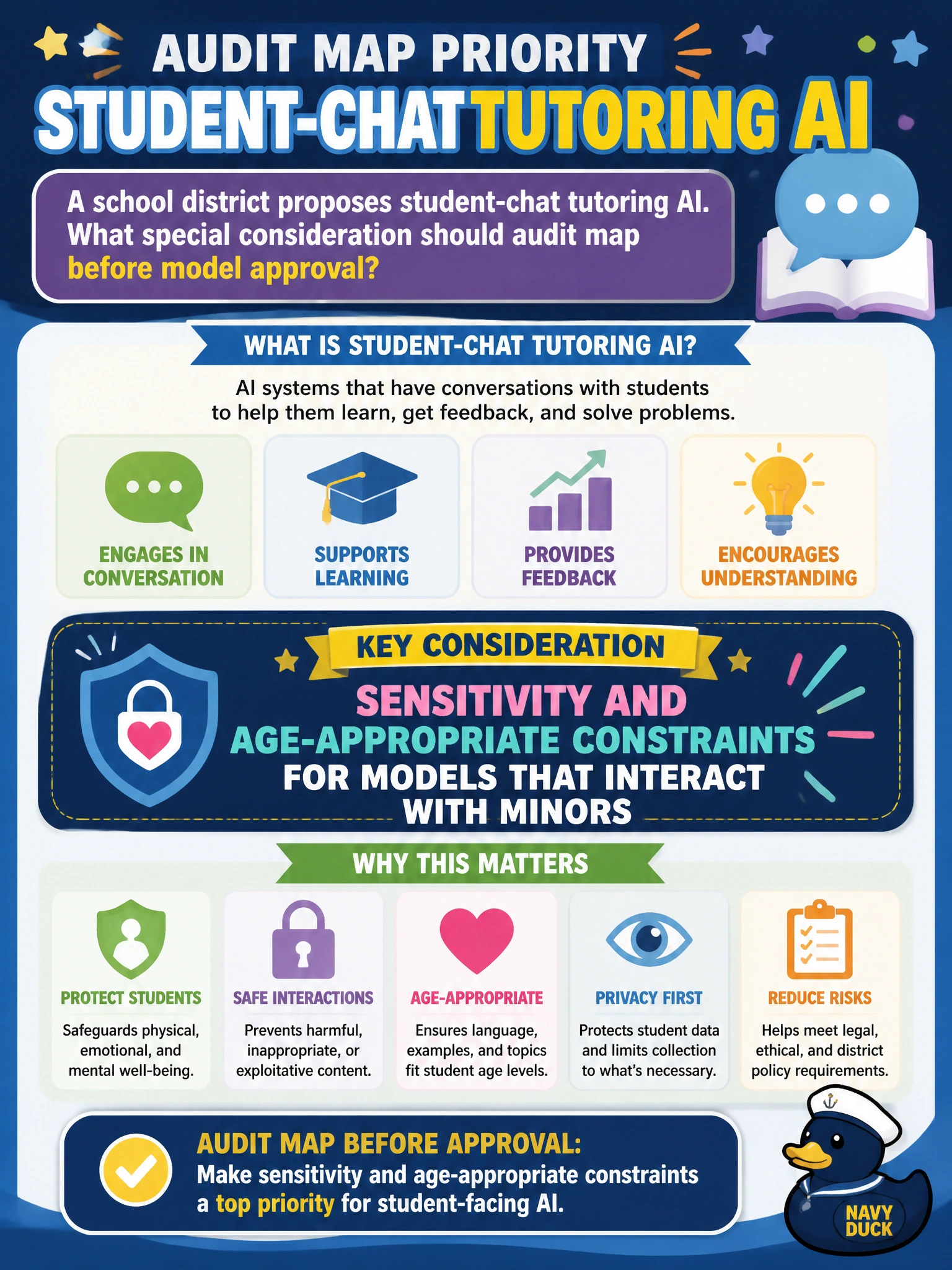 To Create an exciting colorful infographic that explains the concepts in the question: Question: A school district proposes student-chat tutoring AI. What special consideration should audit map before model approval? Correct Answer: Sensitivity and age-appropriate constraints for models that interact with minors Put EVERY visible label in double quotes. No people. No A/B/C/D letters. In one of the four corners put a little "Navy Duck".