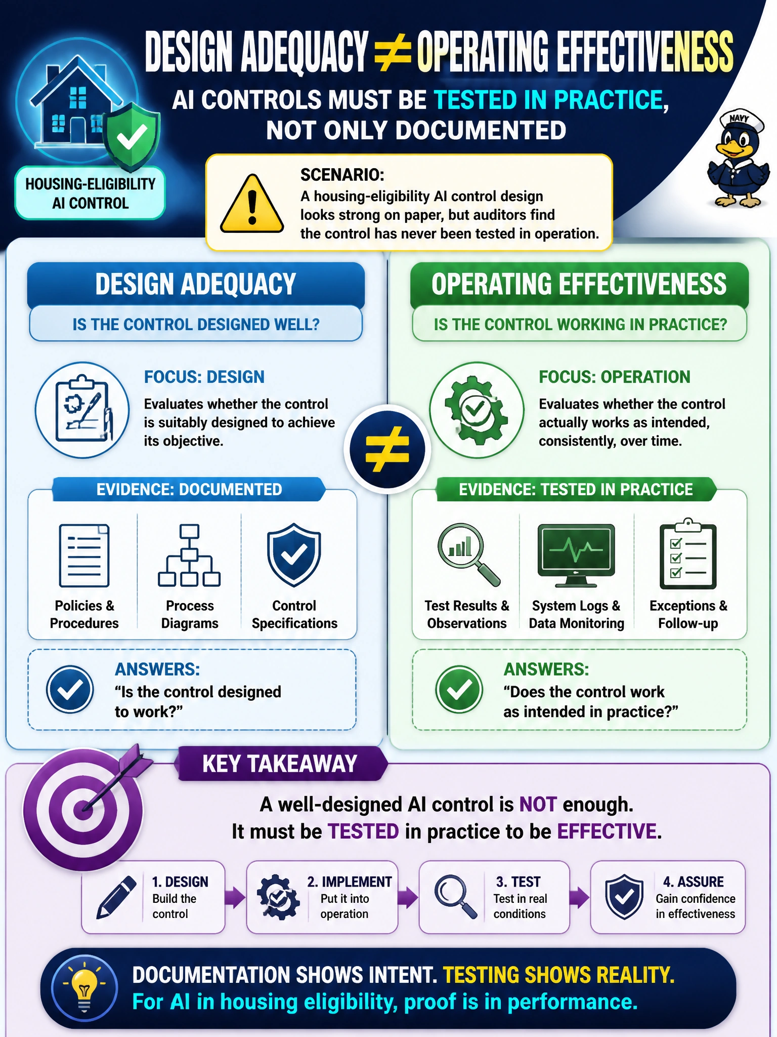 To Create an exciting colorful infographic that explains the concepts in the question: Question: A housing-eligibility AI control design looks strong on paper, but auditors find the control has never been tested in operation. What distinction should the report emphasize? Correct Answer: Design adequacy differs from operating effectiveness; AI controls must be tested in practice, not only documented Put EVERY visible label in double quotes. No people. No A/B/C/D letters. In one of the four corners put a little "Navy Duck".