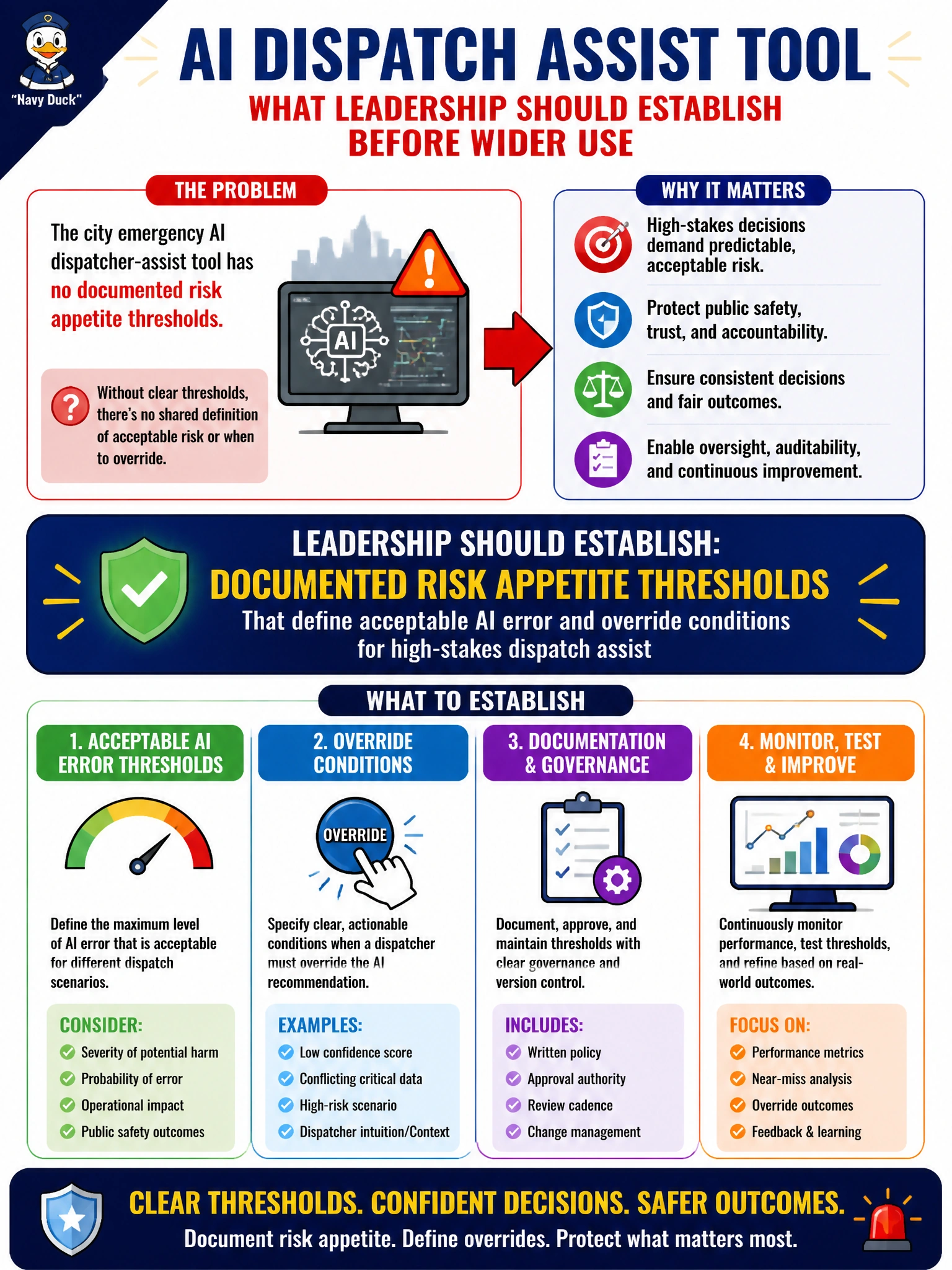 To Create an exciting colorful infographic that explains the concepts in the question: Question: A city emergency AI dispatcher-assist tool has no documented risk appetite thresholds. What should leadership establish before wider use? Correct Answer: Documented risk appetite thresholds that define acceptable AI error and override conditions for high-stakes dispatch assist Put EVERY visible label in double quotes. No people. No A/B/C/D letters. In one of the four corners put a little "Navy Duck".