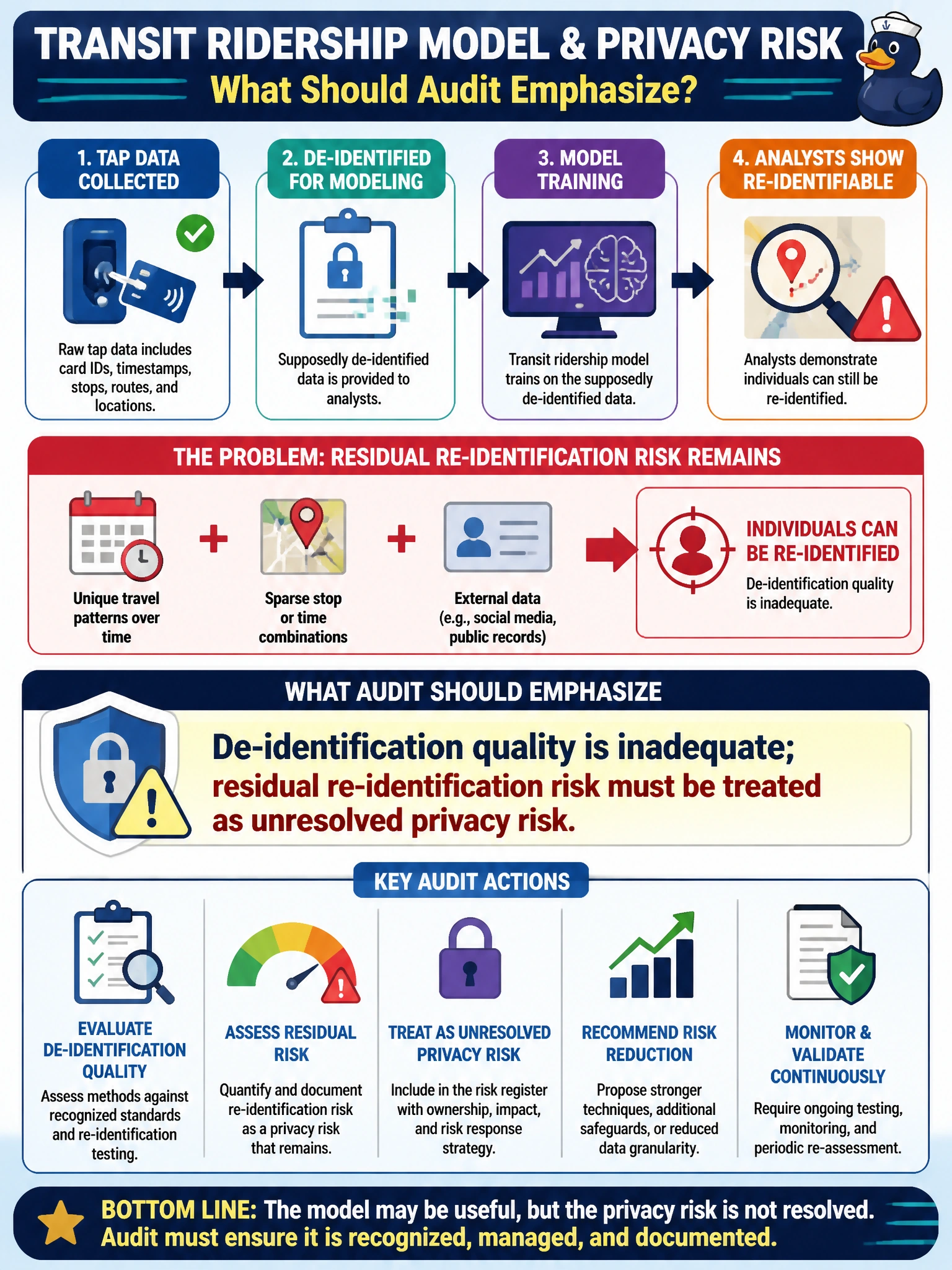 To Create an exciting colorful infographic that explains the concepts in the question: Question: A transit ridership model trains on supposedly de-identified tap data that analysts show is still re-identifiable. What should audit emphasize? Correct Answer: De-identification quality is inadequate; residual re-identification risk must be treated as unresolved privacy risk Put EVERY visible label in double quotes. No people. No A/B/C/D letters. In one of the four corners put a little "Navy Duck".