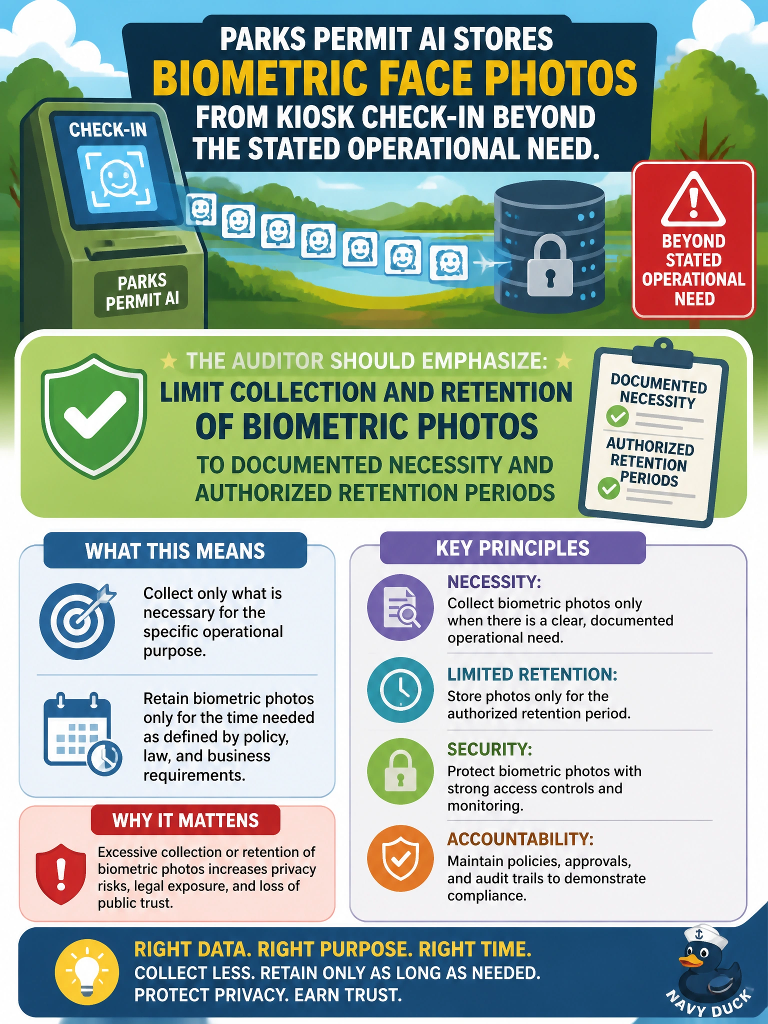 To Create an exciting colorful infographic that explains the concepts in the question: Question: A parks permit AI stores biometric face photos from kiosk check-in beyond the stated operational need. What should the auditor emphasize? Correct Answer: Limit collection and retention of biometric photos to documented necessity and authorized retention periods Put EVERY visible label in double quotes. No people. No A/B/C/D letters. In one of the four corners put a little "Navy Duck".