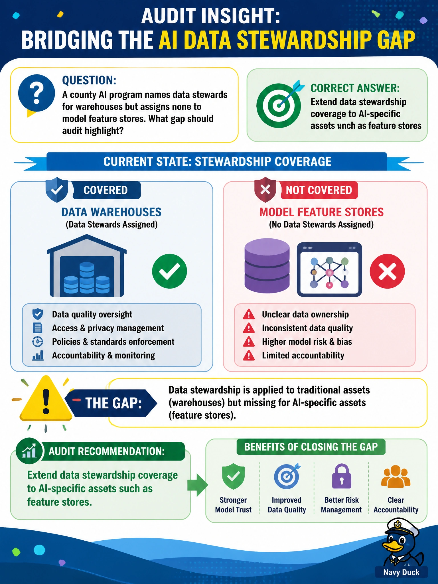 To Create an exciting colorful infographic that explains the concepts in the question: Question: A county AI program names data stewards for warehouses but assigns none to model feature stores. What gap should audit highlight? Correct Answer: Extend data stewardship coverage to AI-specific assets such as feature stores Put EVERY visible label in double quotes. No people. No A/B/C/D letters. In one of the four corners put a little "Navy Duck".