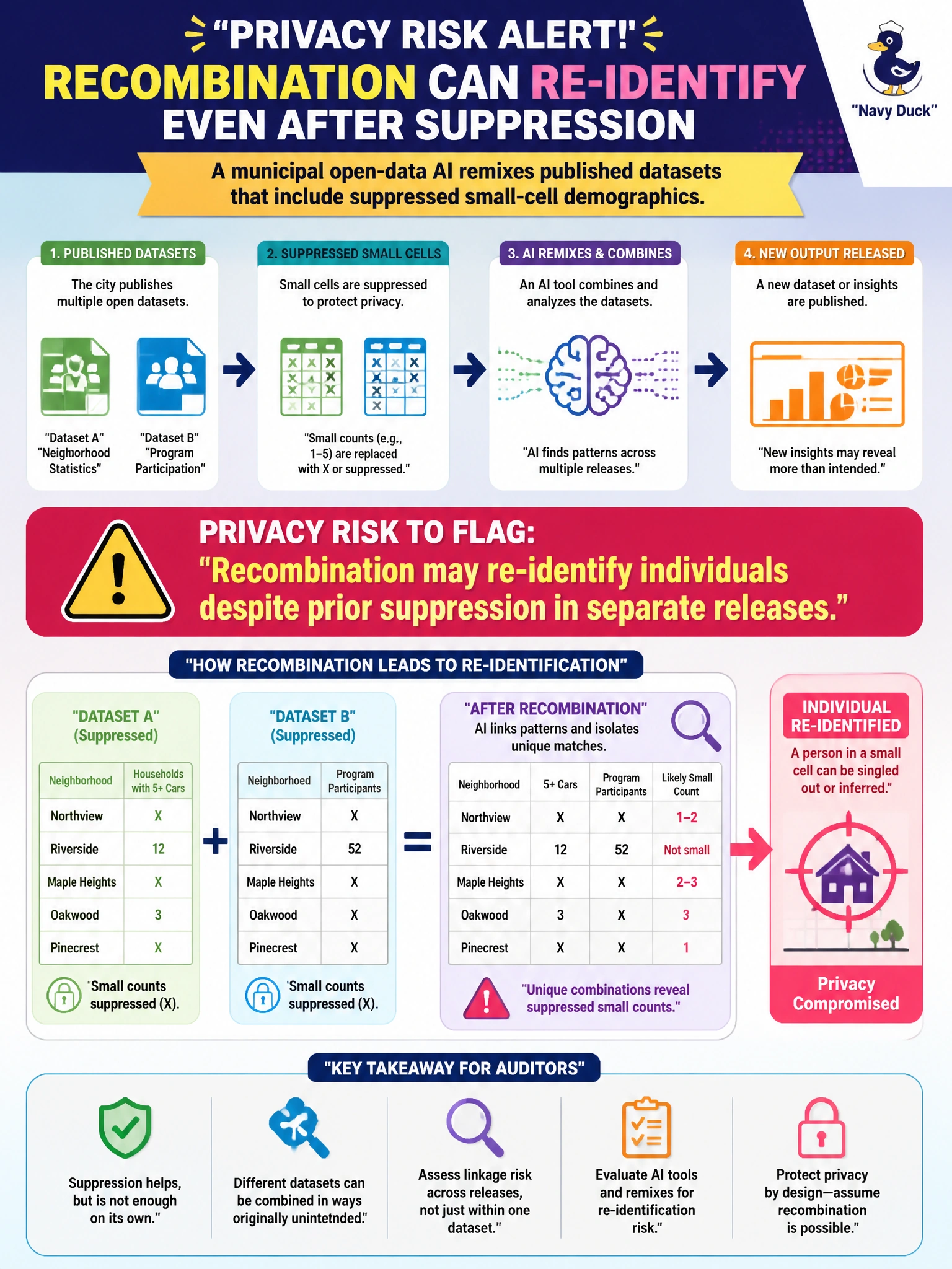 To Create an exciting colorful infographic that explains the concepts in the question: Question: A municipal open-data AI remixes published datasets that include suppressed small-cell demographics. What privacy risk should the auditor flag? Correct Answer: Recombination may re-identify individuals despite prior suppression in separate releases Put EVERY visible label in double quotes. No people. No A/B/C/D letters. In one of the four corners put a little "Navy Duck".