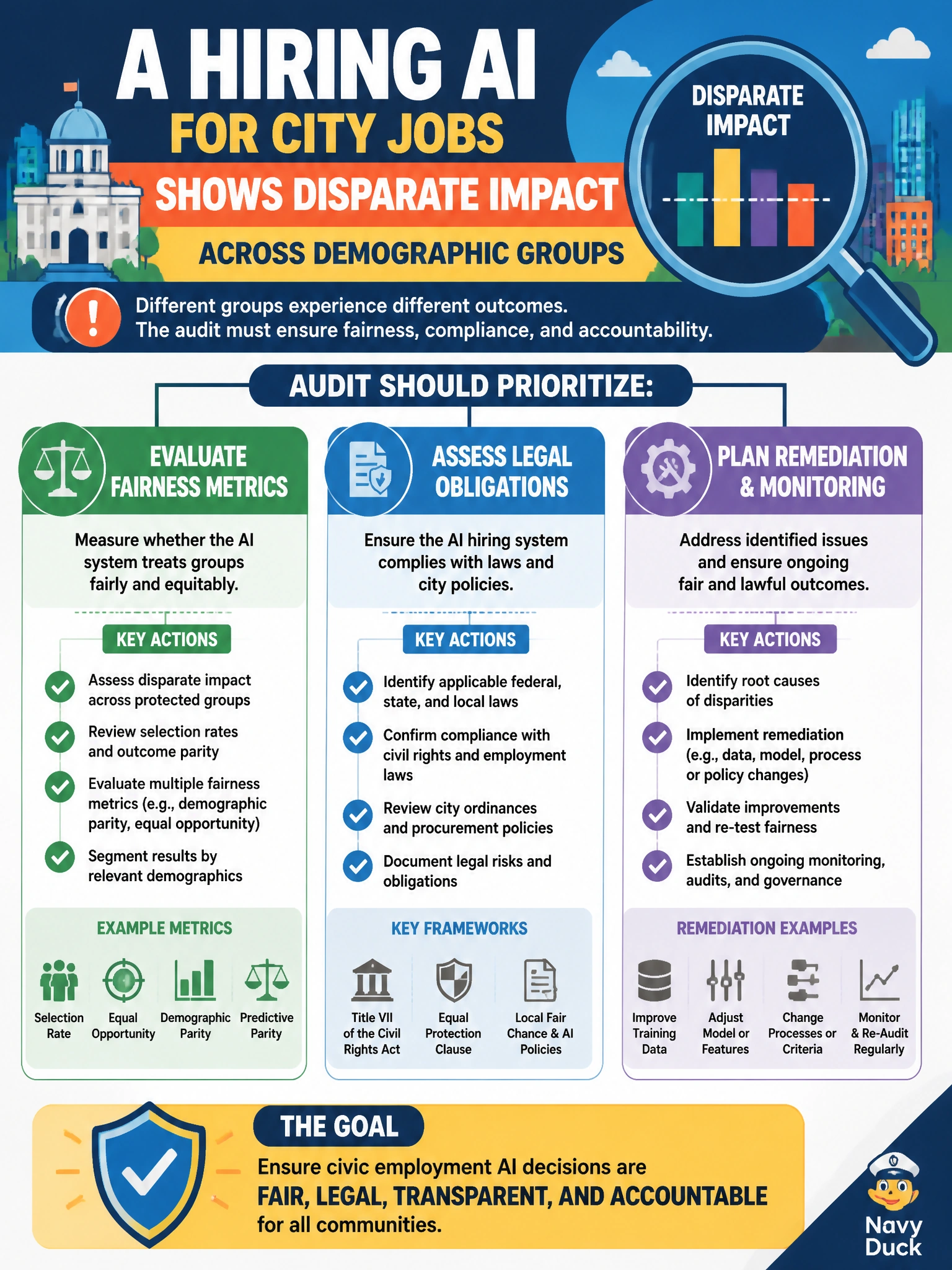 To Create an exciting colorful infographic that explains the concepts in the question: Question: A hiring AI for city jobs shows disparate impact across demographic groups. What should audit prioritize? Correct Answer: Evaluate fairness metrics, legal obligations, and remediation for civic employment AI decisions Put EVERY visible label in double quotes. No people. No A/B/C/D letters. In one of the four corners put a little "Navy Duck".