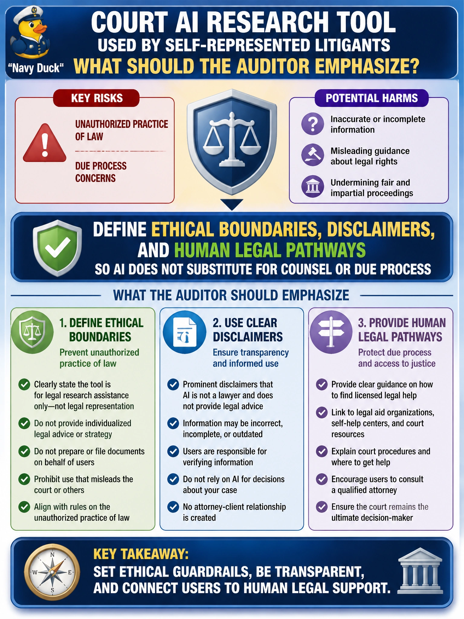 To Create an exciting colorful infographic that explains the concepts in the question: Question: A court AI research tool may be used by self-represented litigants in ways that raise unauthorized-practice and due-process concerns. What should the auditor emphasize? Correct Answer: Define ethical boundaries, disclaimers, and human legal pathways so AI does not substitute for counsel or due process Put EVERY visible label in double quotes. No people. No A/B/C/D letters. In one of the four corners put a little "Navy Duck".