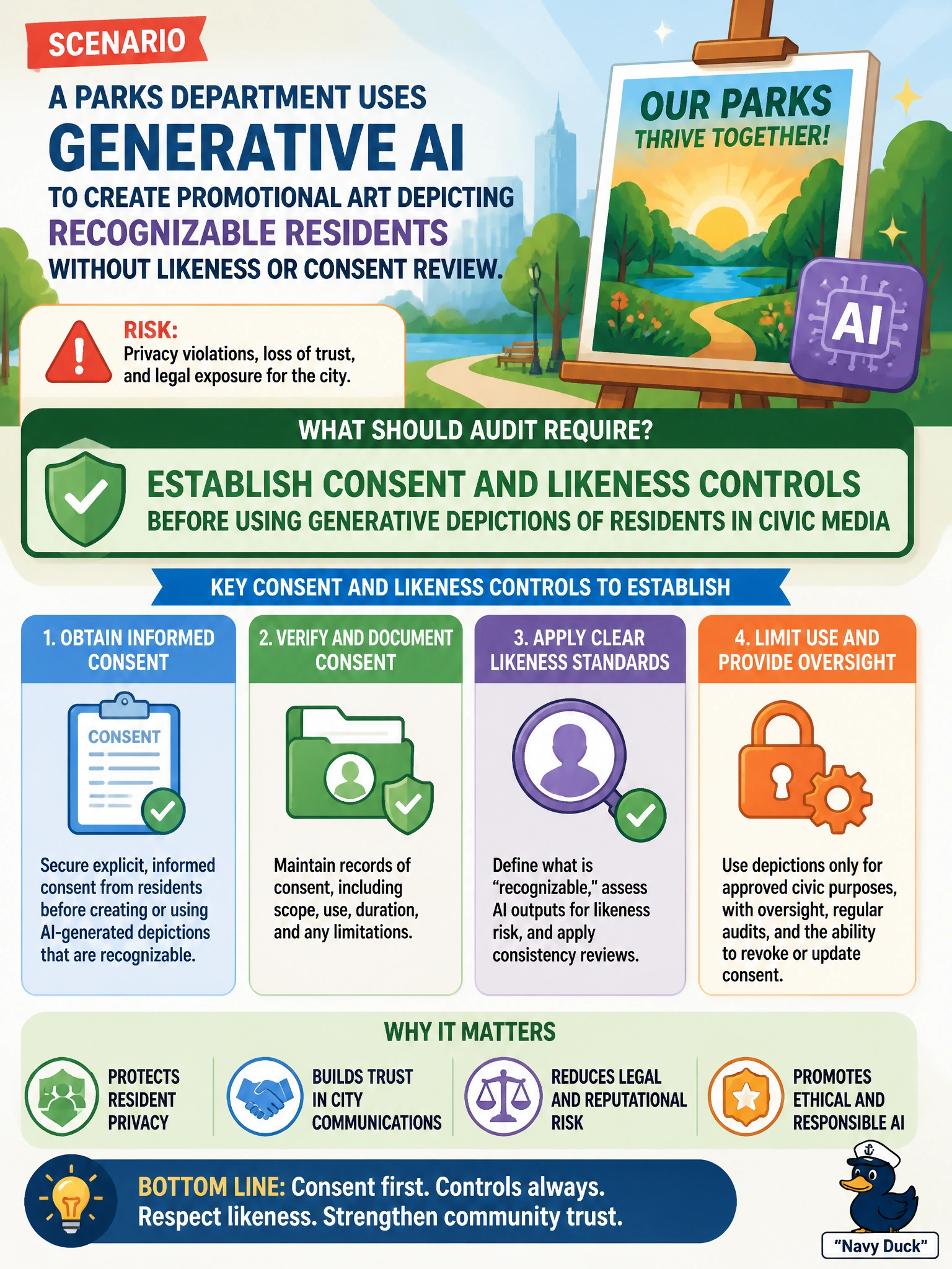 To Create an exciting colorful infographic that explains the concepts in the question: Question: A parks department uses generative AI to create promotional art depicting recognizable residents without likeness or consent review. What should audit require? Correct Answer: Establish consent and likeness controls before using generative depictions of residents in civic media Put EVERY visible label in double quotes. No people. No A/B/C/D letters. In one of the four corners put a little "Navy Duck".