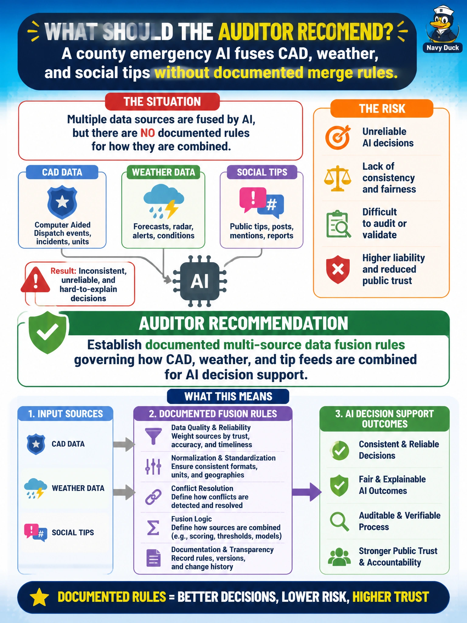 To Create an exciting colorful infographic that explains the concepts in the question: Question: A county emergency AI fuses CAD, weather, and social tips without documented merge rules. What should the auditor recommend? Correct Answer: Establish documented multi-source data fusion rules governing how CAD, weather, and tip feeds are combined for AI decision support Put EVERY visible label in double quotes. No people. No A/B/C/D letters. In one of the four corners put a little "Navy Duck".