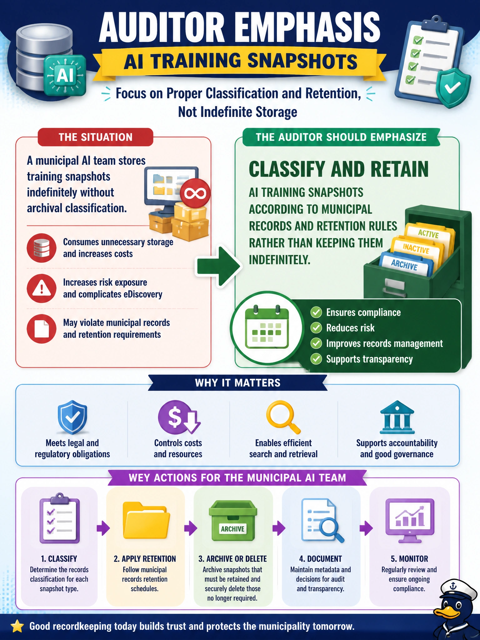 To Create an exciting colorful infographic that explains the concepts in the question: Question: A municipal AI team stores training snapshots indefinitely without archival classification. What should the auditor emphasize? Correct Answer: Classify and retain AI training snapshots according to municipal records and retention rules rather than keeping them indefinitely Put EVERY visible label in double quotes. No people. No A/B/C/D letters. In one of the four corners put a little "Navy Duck".