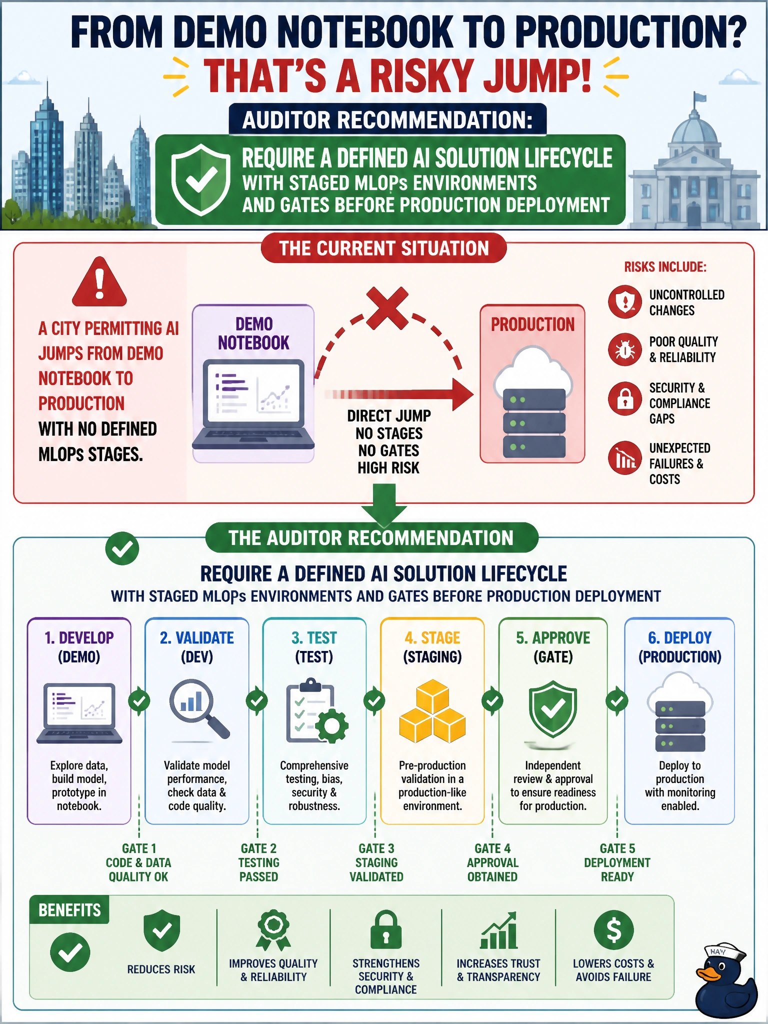 To Create an exciting colorful infographic that explains the concepts in the question: Question: A city permitting AI jumps from demo notebook to production with no defined MLOps stages. What should the auditor recommend? Correct Answer: Require a defined AI solution lifecycle with staged MLOps environments and gates before production deployment Put EVERY visible label in double quotes. No people. No A/B/C/D letters. In one of the four corners put a little "Navy Duck".