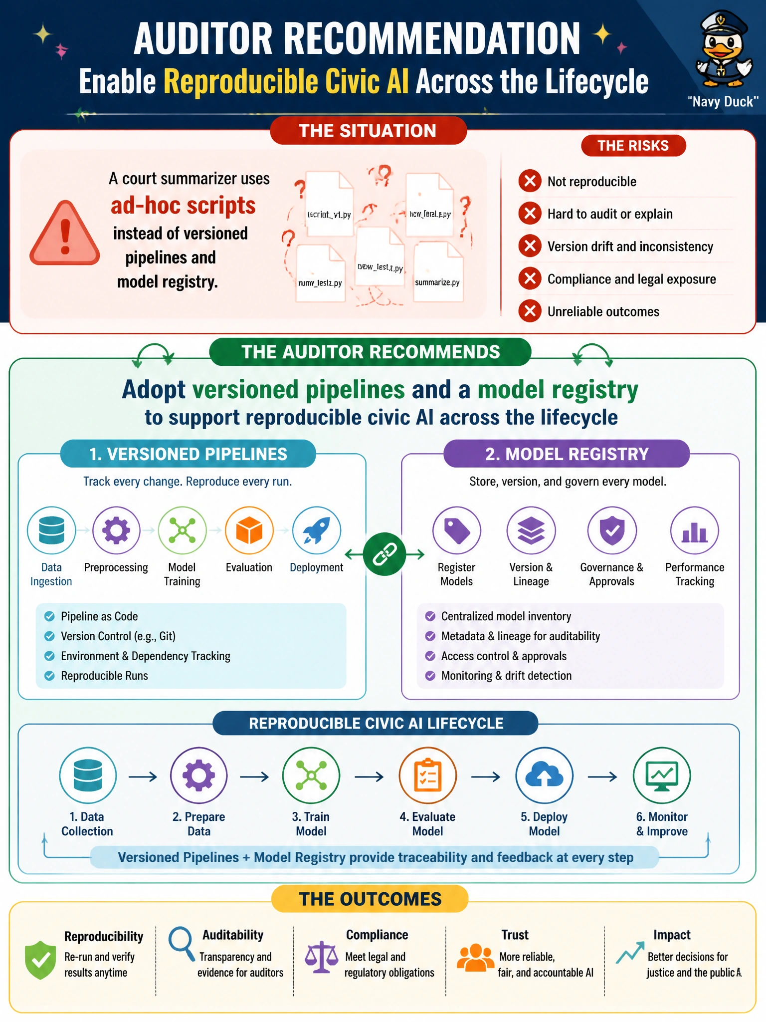 To Create an exciting colorful infographic that explains the concepts in the question: Question: A court summarizer uses ad-hoc scripts instead of versioned pipelines and model registry. What should the auditor recommend? Correct Answer: Adopt versioned pipelines and a model registry to support reproducible civic AI across the lifecycle Put EVERY visible label in double quotes. No people. No A/B/C/D letters. In one of the four corners put a little "Navy Duck".