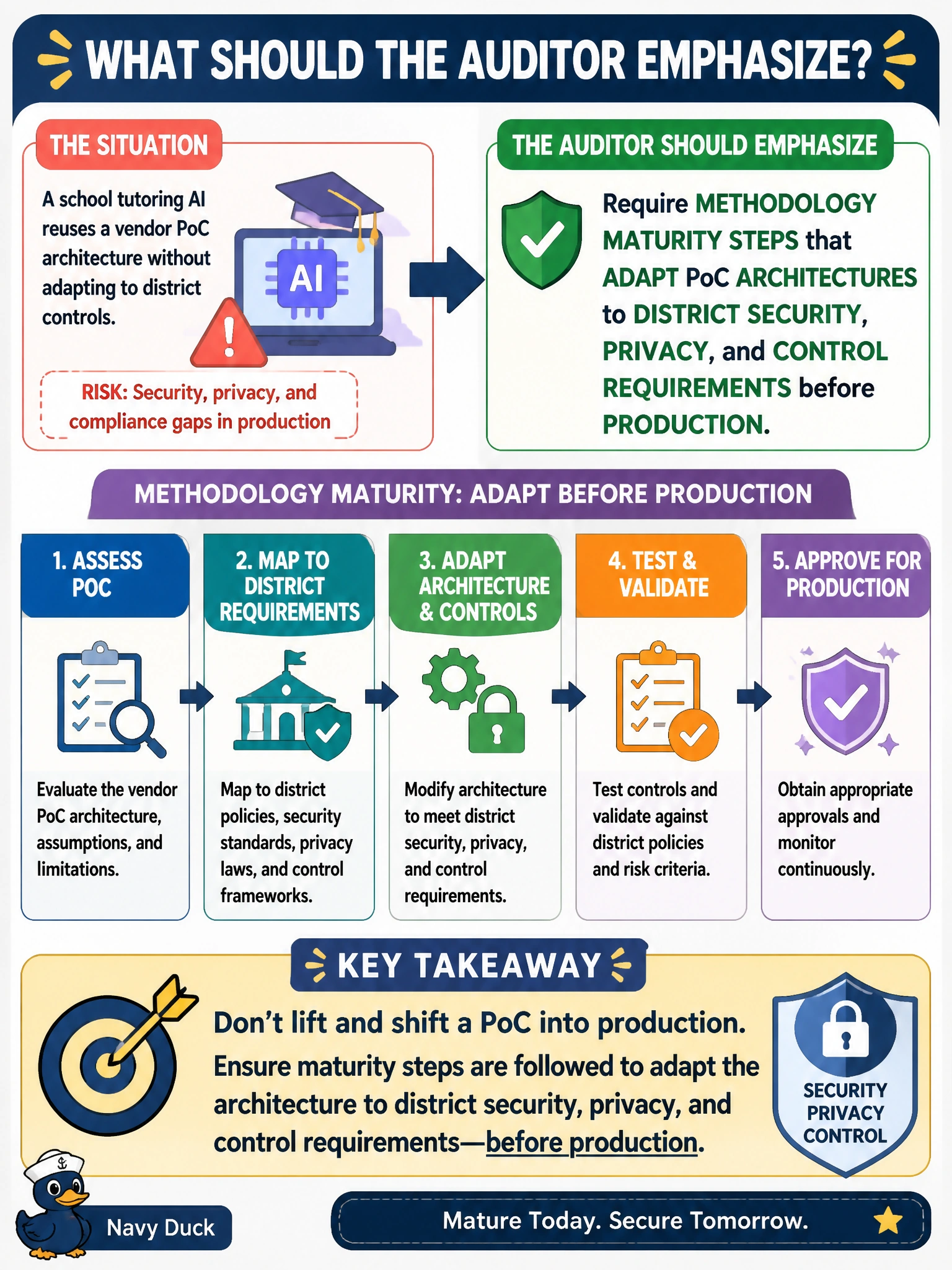 To Create an exciting colorful infographic that explains the concepts in the question: Question: A school tutoring AI reuses a vendor PoC architecture without adapting to district controls. What should the auditor emphasize? Correct Answer: Require methodology maturity steps that adapt PoC architectures to district security, privacy, and control requirements before production Put EVERY visible label in double quotes. No people. No A/B/C/D letters. In one of the four corners put a little "Navy Duck".