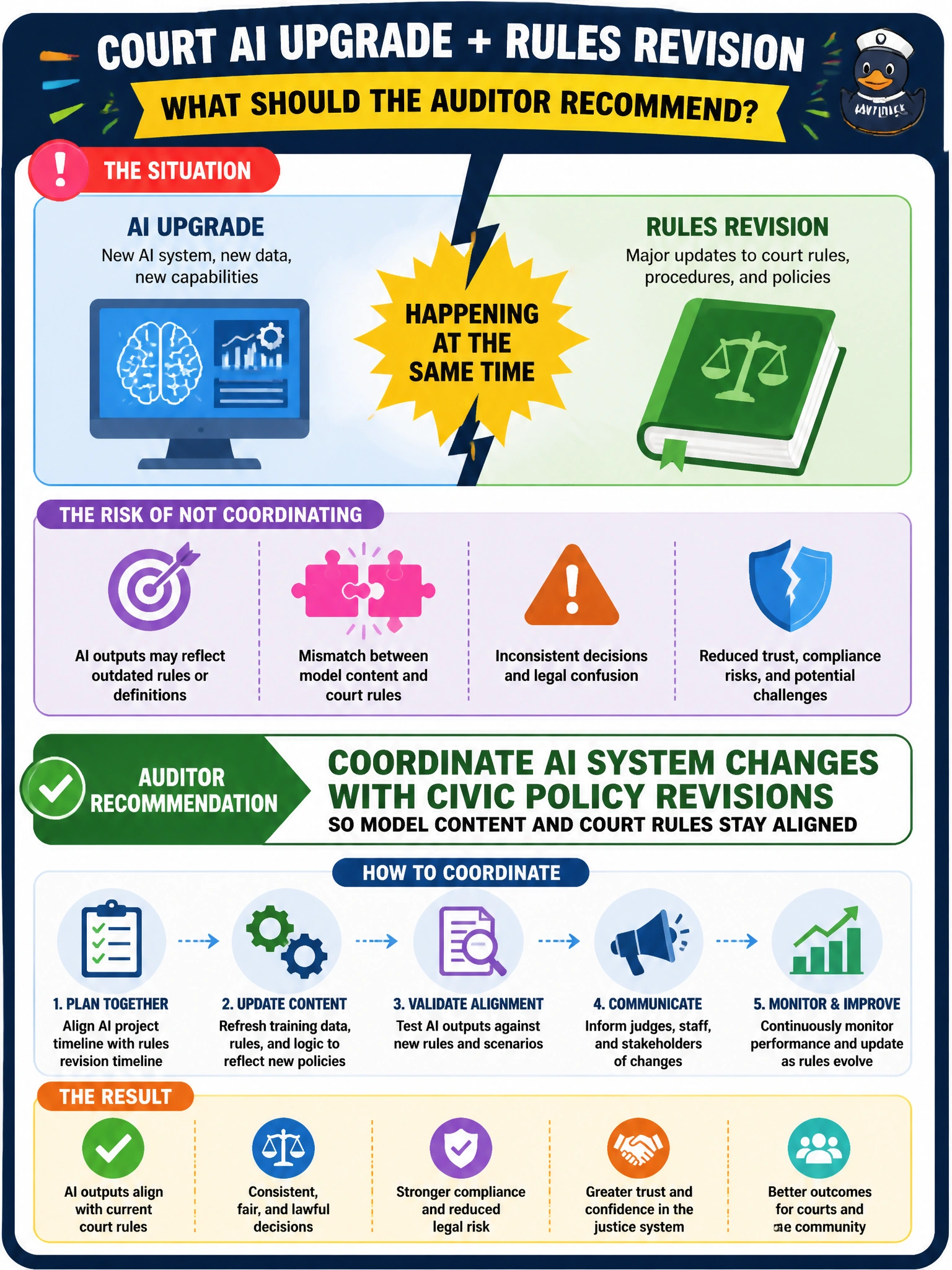 To Create an exciting colorful infographic that explains the concepts in the question: Question: A court AI upgrade coincides with a major rules-of-court revision without coordinated change. What should the auditor recommend? Correct Answer: Coordinate AI system changes with civic policy revisions so model content and court rules stay aligned Put EVERY visible label in double quotes. No people. No A/B/C/D letters. In one of the four corners put a little "Navy Duck".
