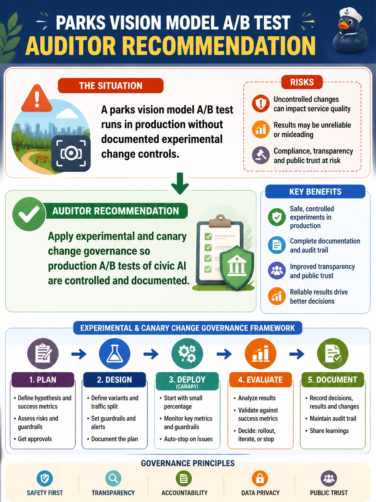 To Create an exciting colorful infographic that explains the concepts in the question: Question: A parks vision model A/B test runs in production without documented experimental change controls. What should the auditor recommend? Correct Answer: Apply experimental and canary change governance so production A/B tests of civic AI are controlled and documented Put EVERY visible label in double quotes. No people. No A/B/C/D letters. In one of the four corners put a little "Navy Duck".