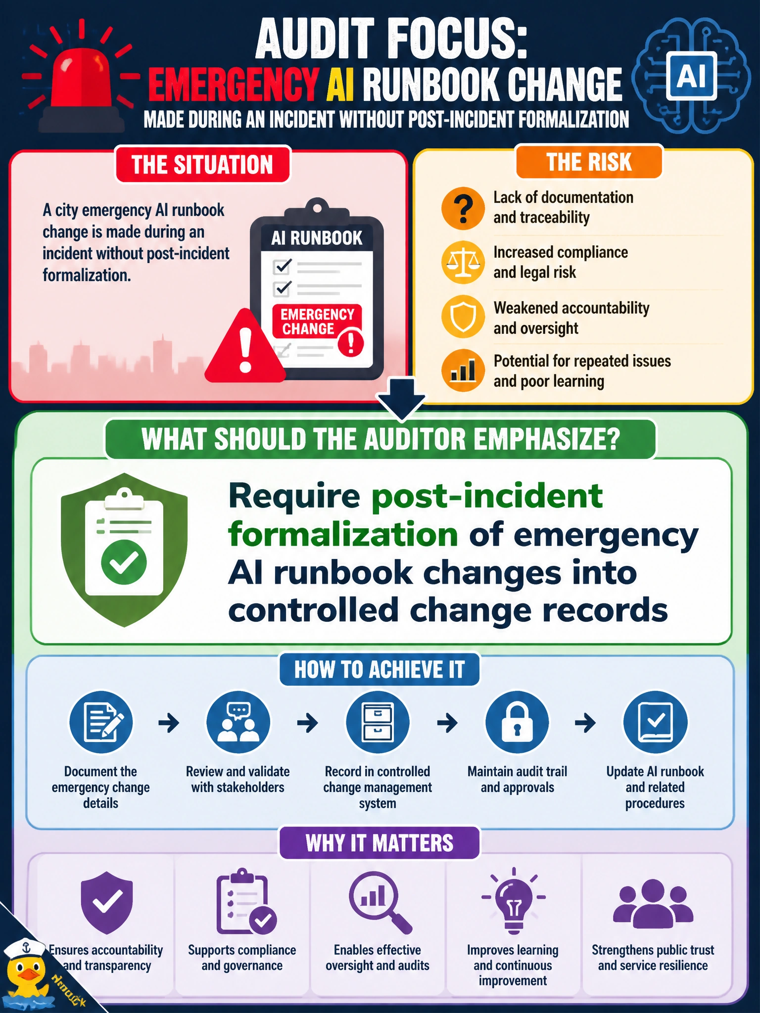 To Create an exciting colorful infographic that explains the concepts in the question: Question: A city emergency AI runbook change is made during an incident without post-incident formalization. What should the auditor emphasize? Correct Answer: Require post-incident formalization of emergency AI runbook changes into controlled change records Put EVERY visible label in double quotes. No people. No A/B/C/D letters. In one of the four corners put a little "Navy Duck".