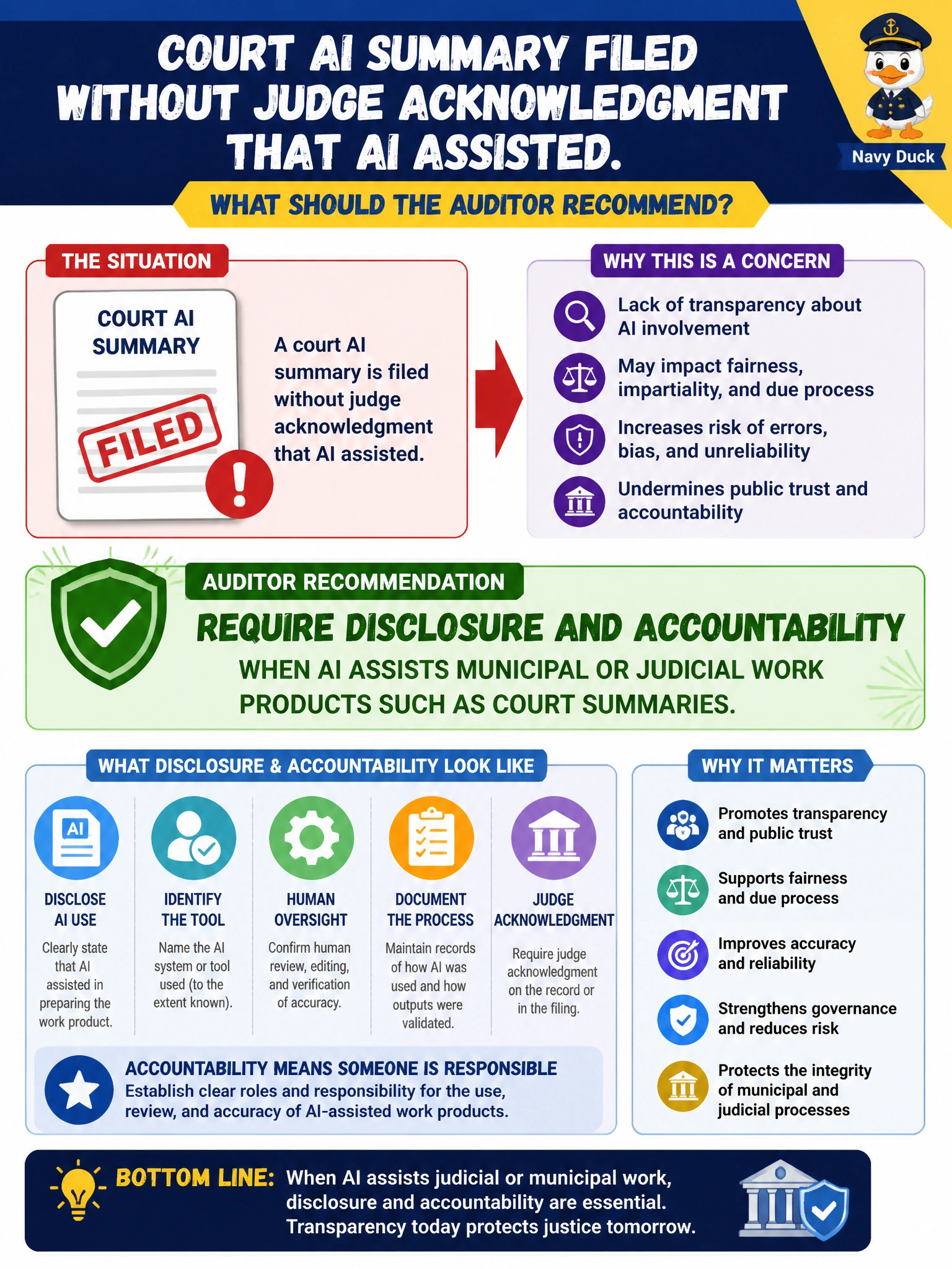 To Create an exciting colorful infographic that explains the concepts in the question: Question: A court AI summary is filed without judge acknowledgment that AI assisted. What should the auditor recommend? Correct Answer: Require disclosure and accountability when AI assists municipal or judicial work products such as court summaries Put EVERY visible label in double quotes. No people. No A/B/C/D letters. In one of the four corners put a little "Navy Duck".