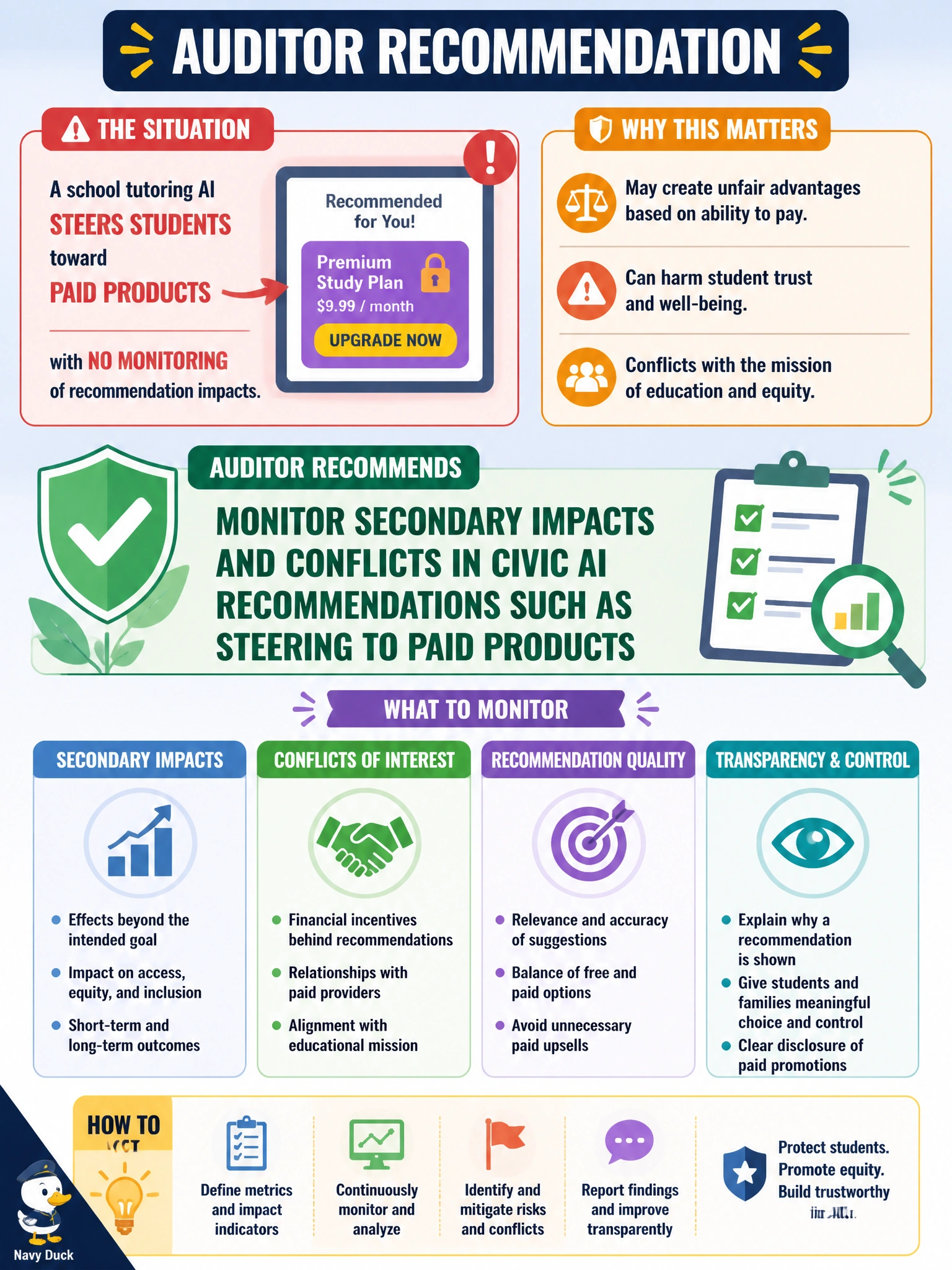 To Create an exciting colorful infographic that explains the concepts in the question: Question: A school tutoring AI steers students toward paid products with no monitoring of recommendation impacts. What should the auditor recommend? Correct Answer: Monitor secondary impacts and conflicts in civic AI recommendations such as steering to paid products Put EVERY visible label in double quotes. No people. No A/B/C/D letters. In one of the four corners put a little "Navy Duck".