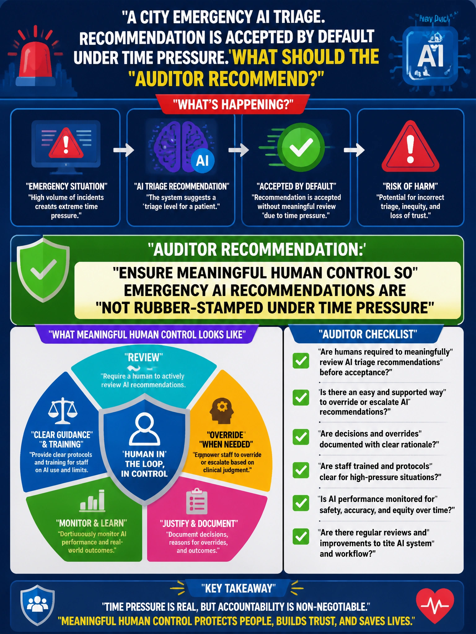 To Create an exciting colorful infographic that explains the concepts in the question: Question: A city emergency AI triage recommendation is accepted by default under time pressure. What should the auditor recommend? Correct Answer: Ensure meaningful human control so emergency AI recommendations are not rubber-stamped under time pressure Put EVERY visible label in double quotes. No people. No A/B/C/D letters. In one of the four corners put a little "Navy Duck".