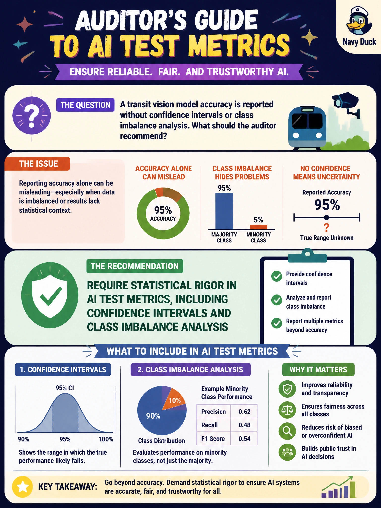 To Create an exciting colorful infographic that explains the concepts in the question: Question: A transit vision model accuracy is reported without confidence intervals or class imbalance analysis. What should the auditor recommend? Correct Answer: Require statistical rigor in AI test metrics, including confidence intervals and class imbalance analysis Put EVERY visible label in double quotes. No people. No A/B/C/D letters. In one of the four corners put a little "Navy Duck".
