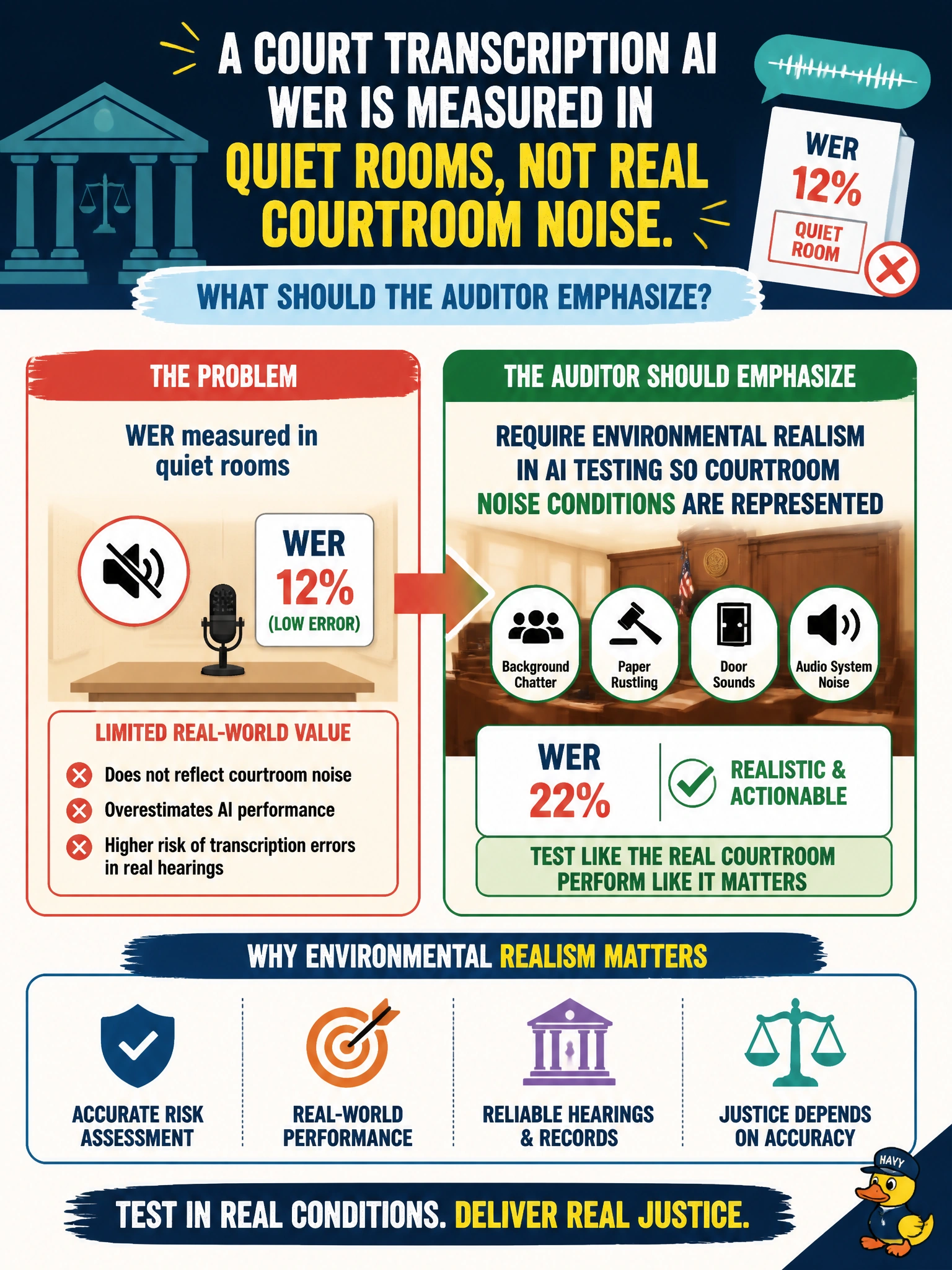 To Create an exciting colorful infographic that explains the concepts in the question: Question: A court transcription AI WER is measured in quiet rooms, not real courtroom noise. What should the auditor emphasize? Correct Answer: Require environmental realism in AI testing so courtroom noise conditions are represented Put EVERY visible label in double quotes. No people. No A/B/C/D letters. In one of the four corners put a little "Navy Duck".