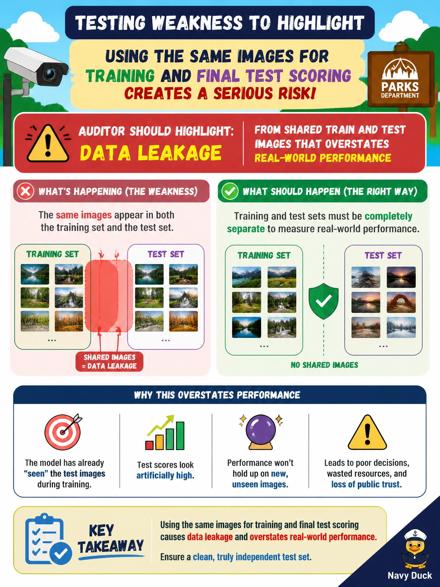 To Create an exciting colorful infographic that explains the concepts in the question: Question: A parks department computer-vision project uses the same images for both training and final test scoring. What testing weakness should the auditor highlight? Correct Answer: Data leakage from shared train and test images that overstates real-world performance Put EVERY visible label in double quotes. No people. No A/B/C/D letters. In one of the four corners put a little "Navy Duck".