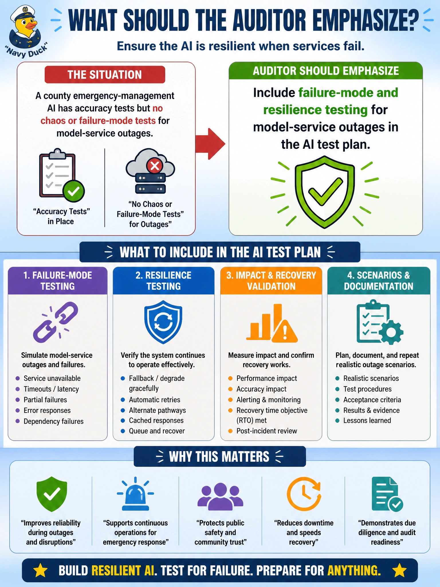 To Create an exciting colorful infographic that explains the concepts in the question: Question: A county emergency-management AI has accuracy tests but no chaos or failure-mode tests for model-service outages. What should the auditor emphasize? Correct Answer: Include failure-mode and resilience testing for model-service outages in the AI test plan Put EVERY visible label in double quotes. No people. No A/B/C/D letters. In one of the four corners put a little "Navy Duck".